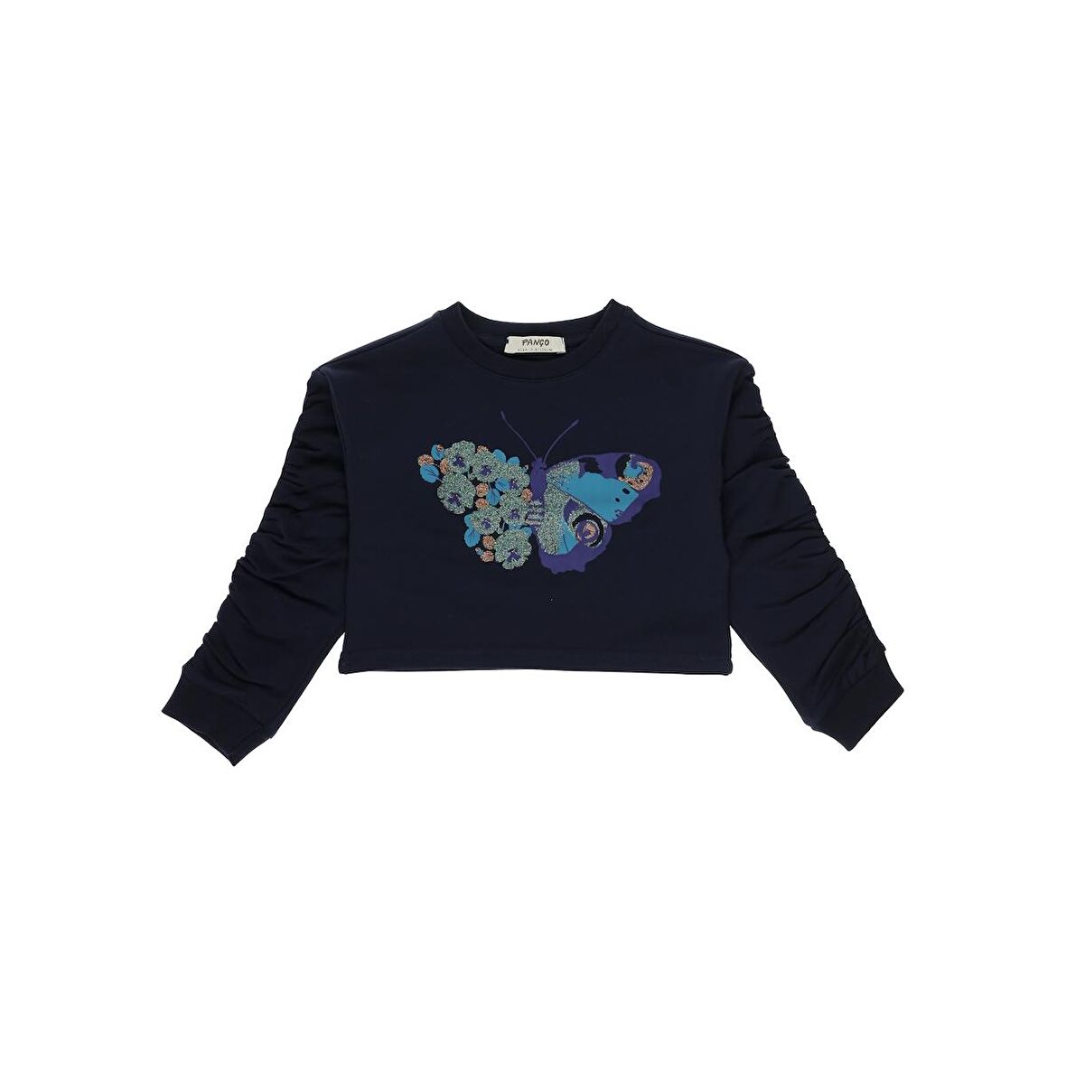 Panço Kız Çocuk Büzgü Detaylı Kelebek Nakışlı Sweatshirt Lacivert