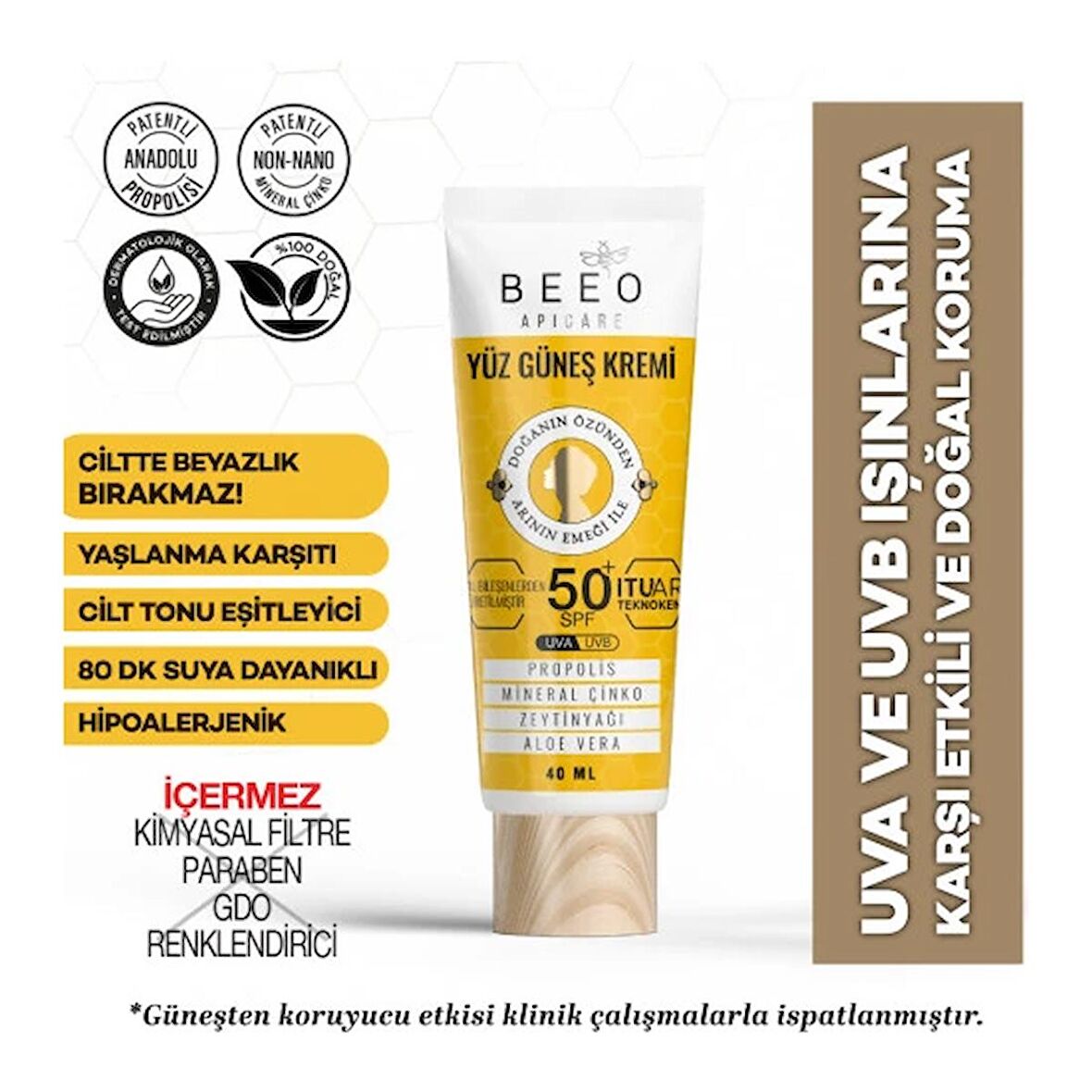 Bee'O 30+ Faktör Nemlendirici Tüm Cilt Tipleri İçin Renksiz Yüz Güneş Koruyucu Krem 40 ml