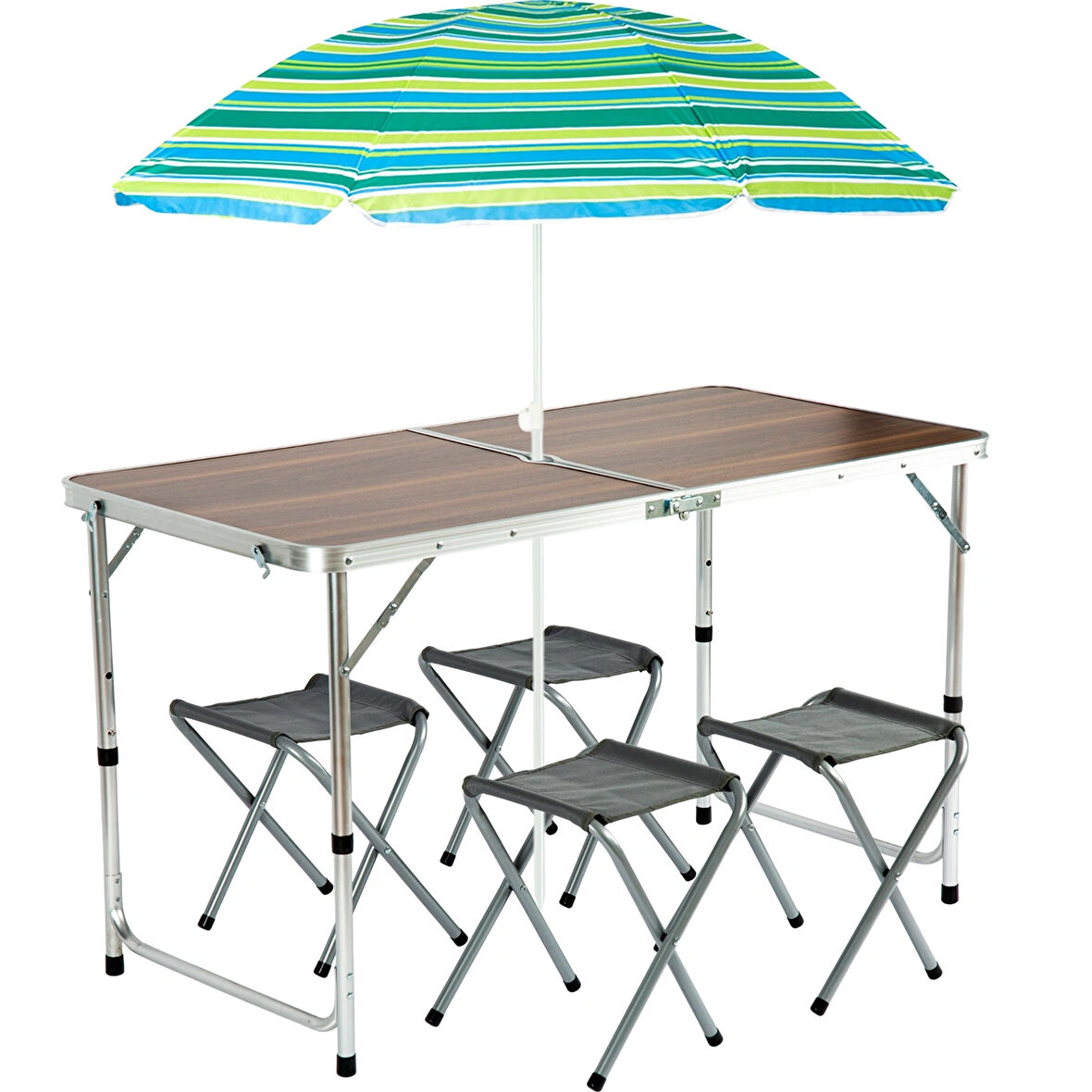 FUNKY CHAIRS Şemsiyeli Tabureli Katlanabilir Piknik Masası Seti - Ahşap Desen