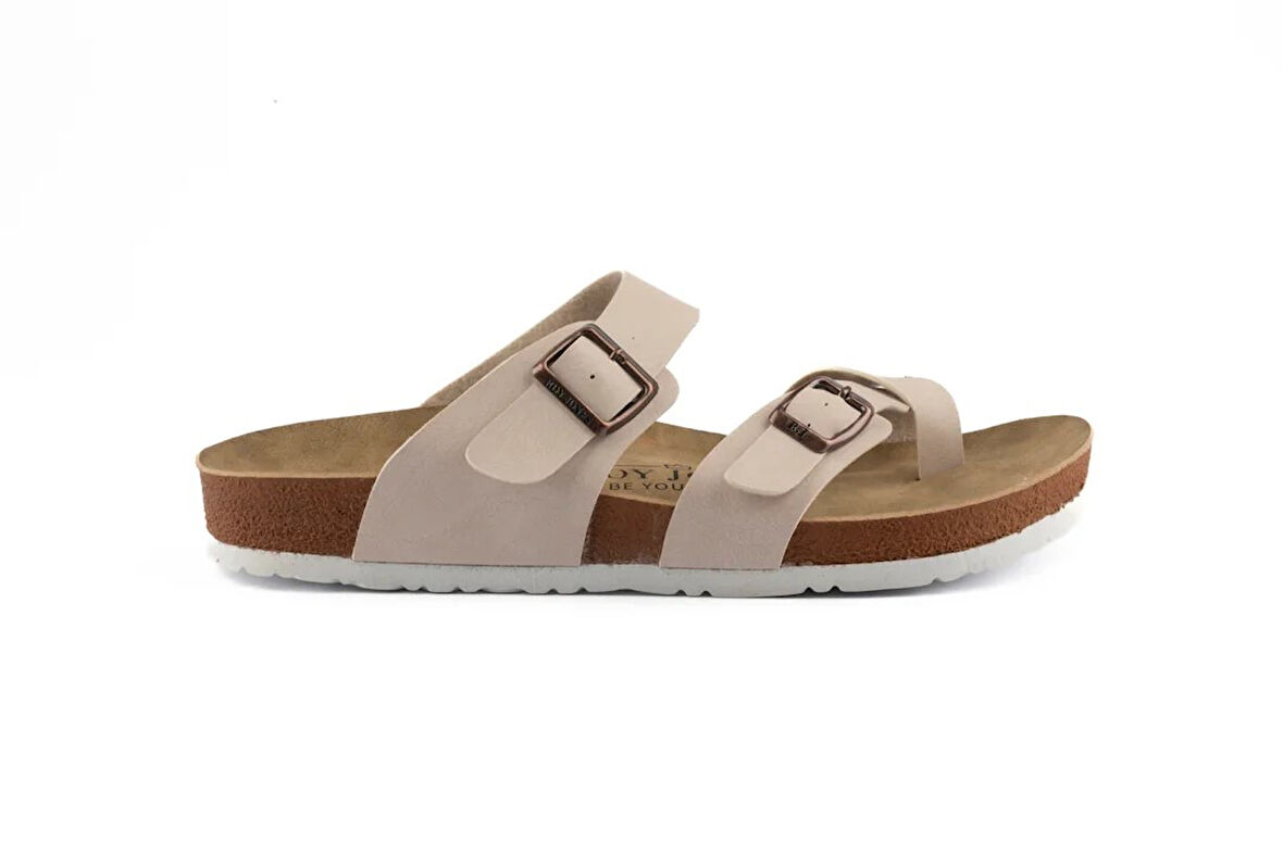 Fly Soft S042.031 Kadın Parmak Arası Çift Tokalı Mantar Taban Comfort Terlik Bej