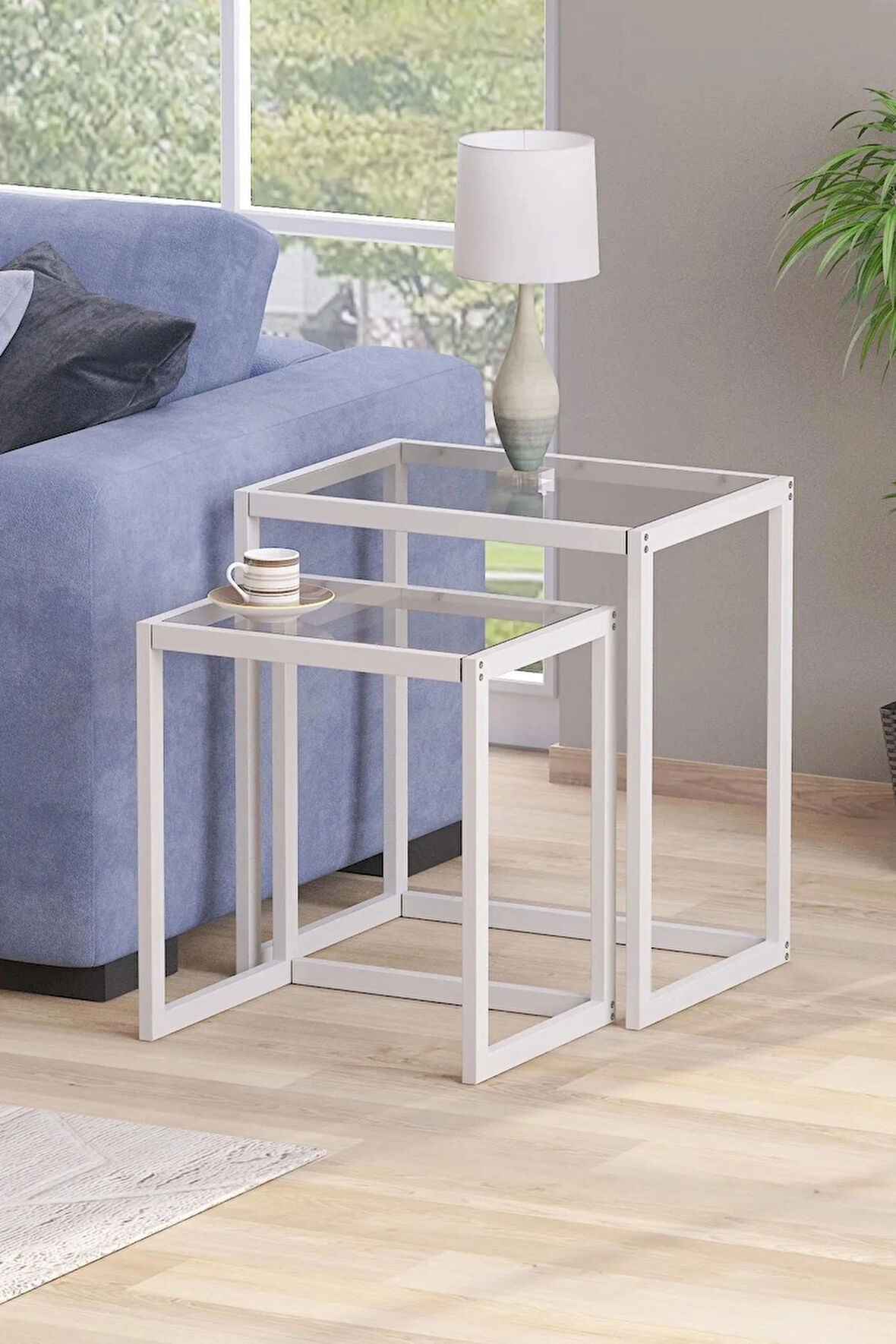 Modern Beyaz Renk Metal İskeletli Temper Camlı Zigon Sehpa Yan Sehpa