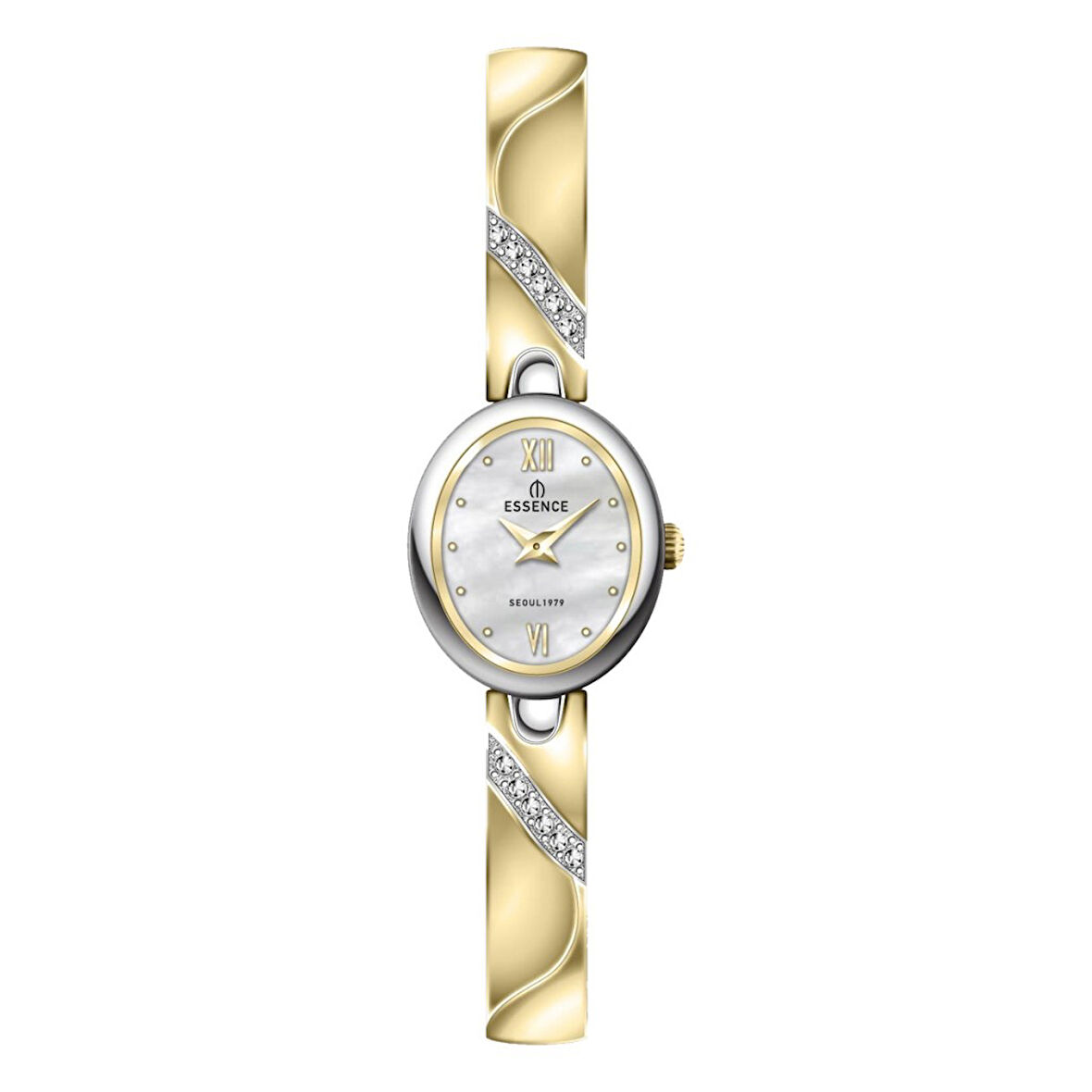 Essence D1240.220 Minimal Taşlı Tasarım Sedefli Oval Kadran Metal Kordon Metal Kasa 3 ATM Suya Dayanıklı Altın Renk Kadın Kol Saati