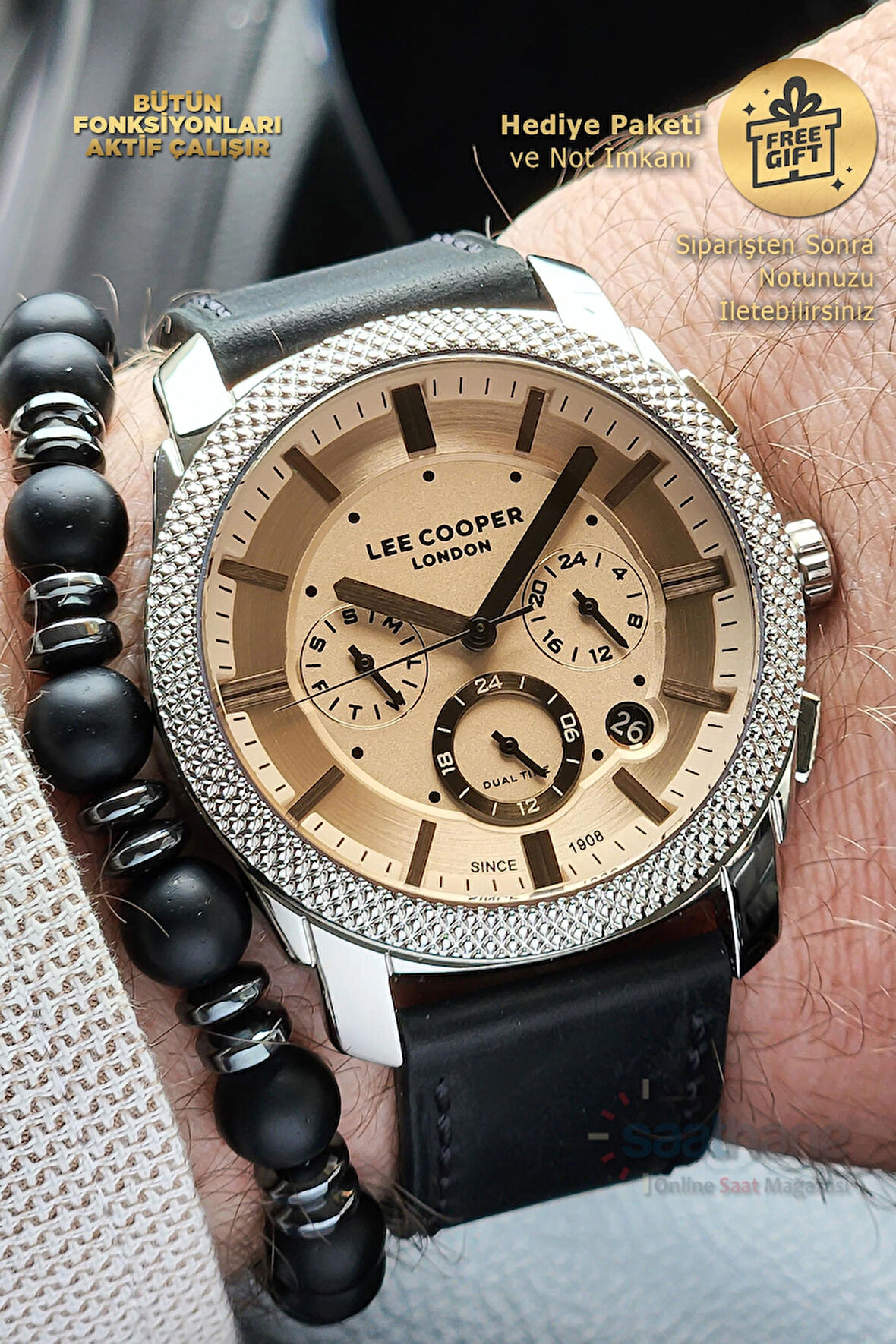 Orijinal Lee Cooper Renkli Özel Cam Siyah Deri Kayışlı Fonksiyonlu Takvimli Erkek Kol Saati