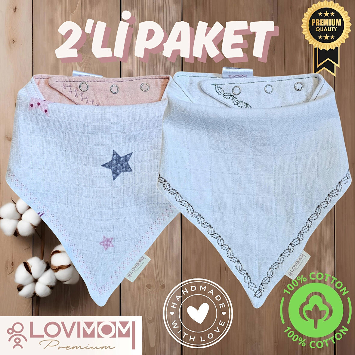 2'li Paket Premium %100 Pamuk Ekstra Soft 2 Kat Müslin Bebek Fuları Salya & Mama Önlüğü 3 Çıtçıtlı - Star + Bright