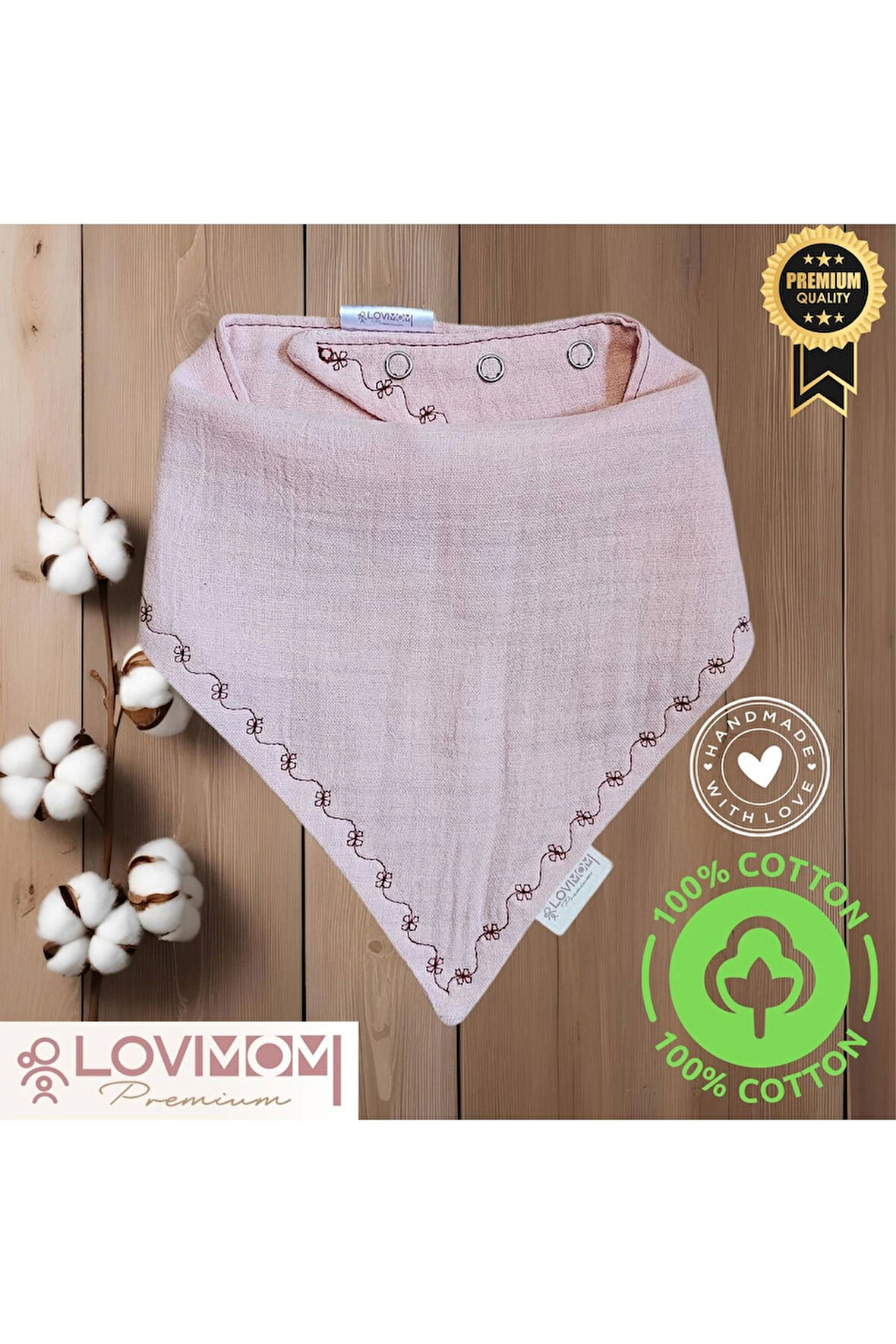 Premium %100 Pamuk Ekstra Soft 2 Kat Müslin Bebek Fuları Salya & Mama Önlüğü 45cm 3 Çıtçıtlı Pinkone