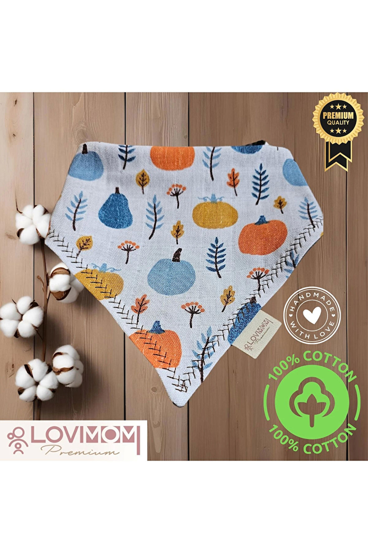 Premium %100 Pamuk Ekstra Soft 2 Kat Müslin Bebek Fuları Salya & Mama Önlüğü 45cm 3 Çıtçıtlı Pumpkin