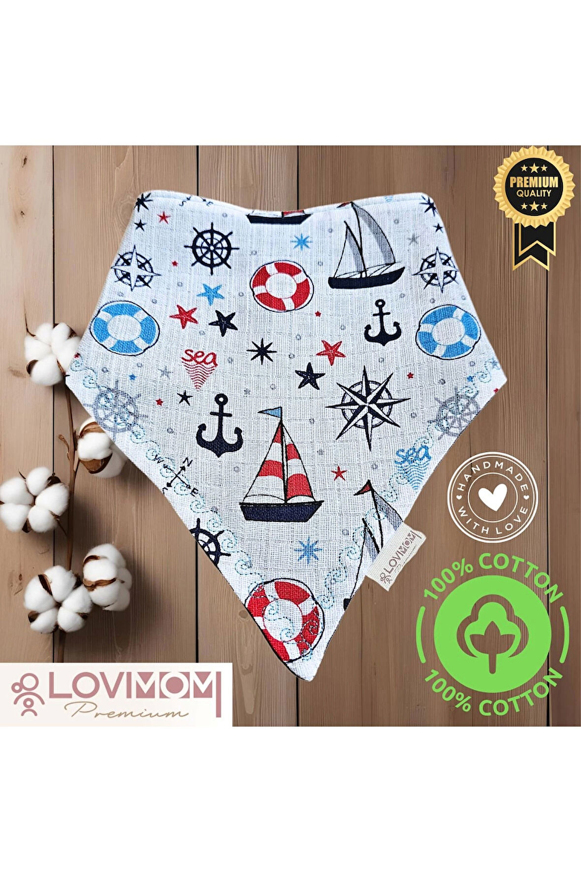 Premium %100 Pamuk Ekstra Soft 2 Kat Müslin Bebek Fuları Salya & Mama Önlüğü 45cm 3 Çıtçıtlı Sailor