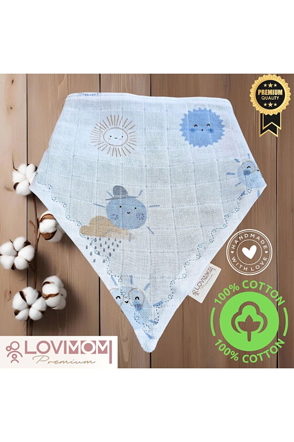 Premium %100 Pamuk Ekstra Soft 2 Kat Müslin Bebek Fuları Salya & Mama Önlüğü 45cm 3 Çıtçıtlı Sunshin