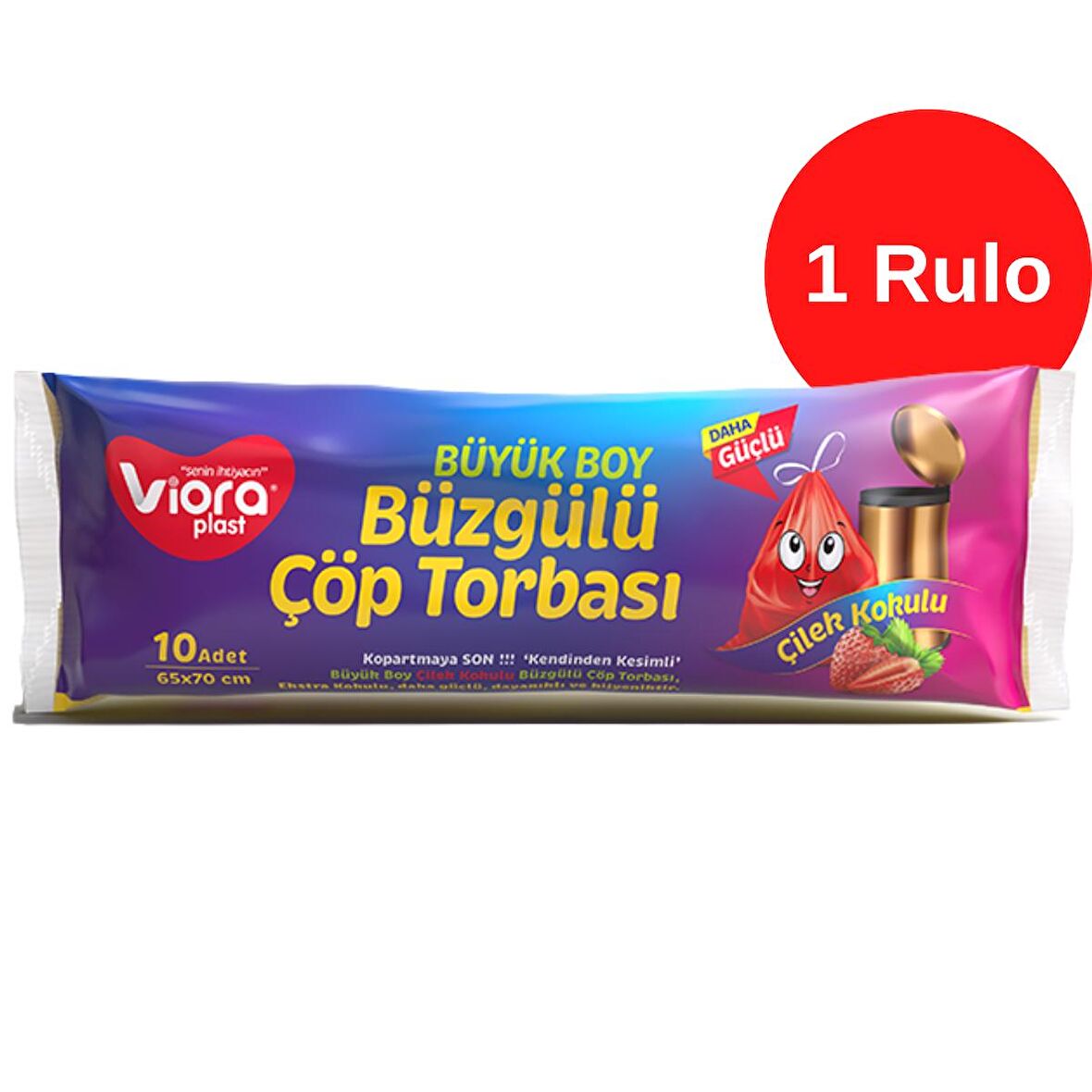 Vioraplast Çilek Kokulu Büzgülü Kendinden Kesimli Çöp Torbası Büyük Boy 1 Rulo