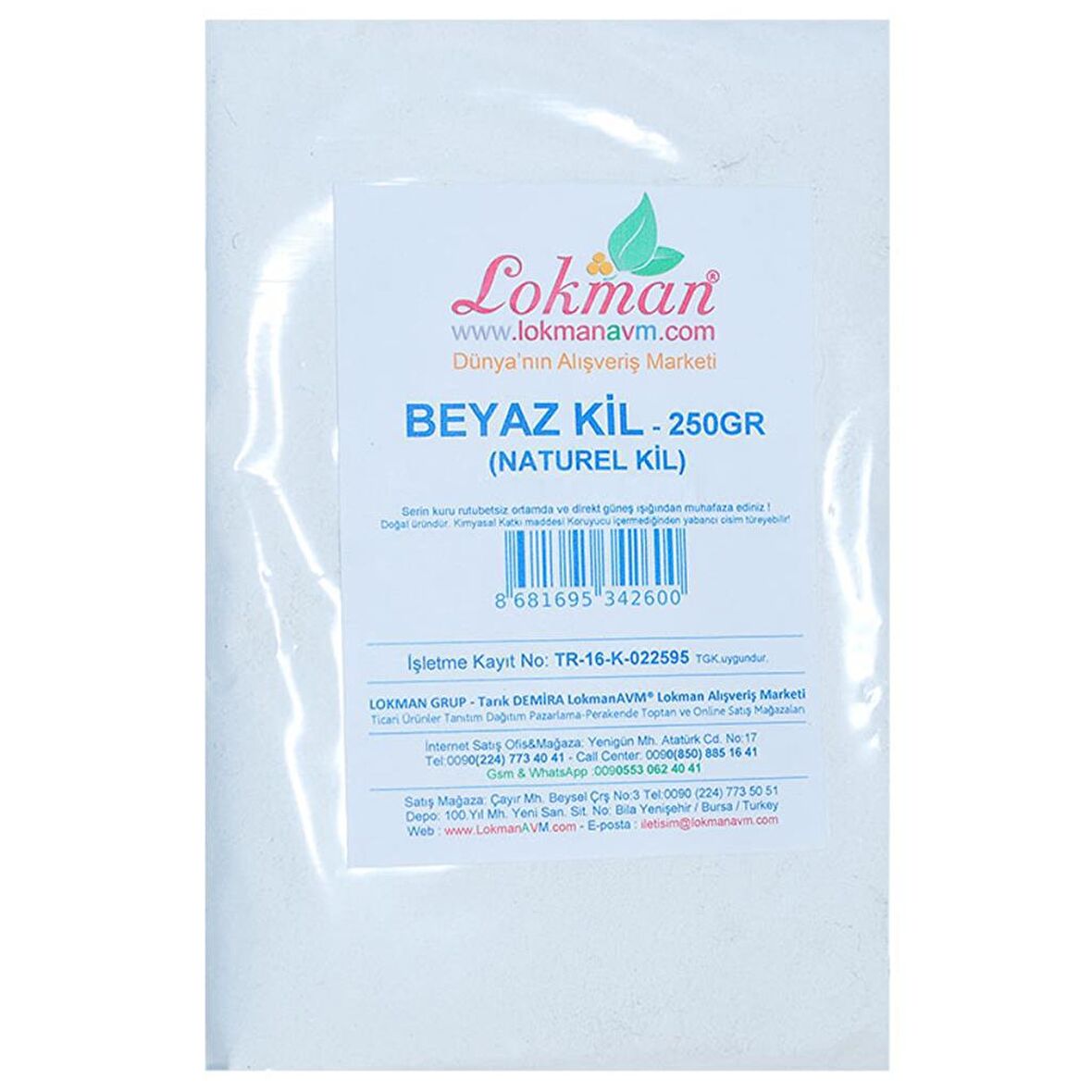 Beyaz Kil Öğütülmüş Doğal Saf Naturel 250 Gr Paket