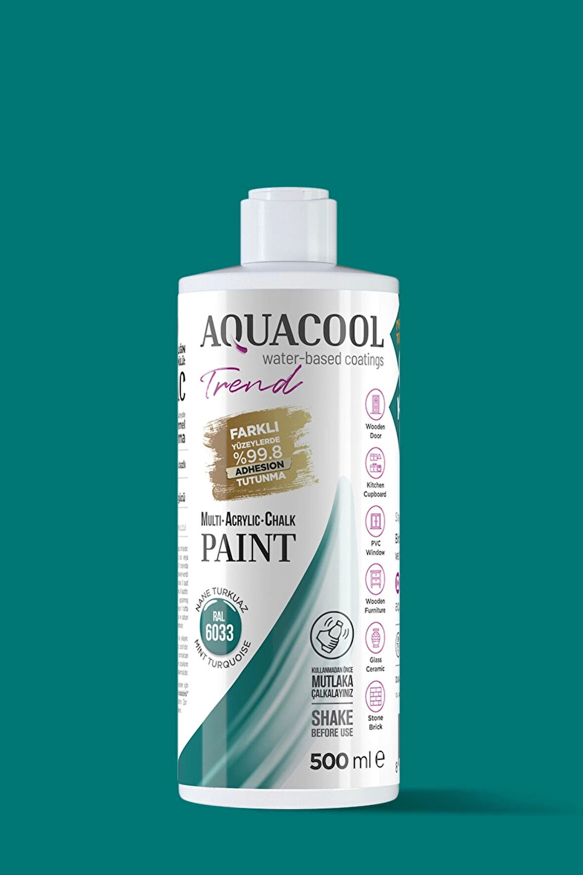 Aquacool Trend Su Bazlı Akrilik Dönüşüm Boyası RAL 6033 Nane Turkuaz 500ml