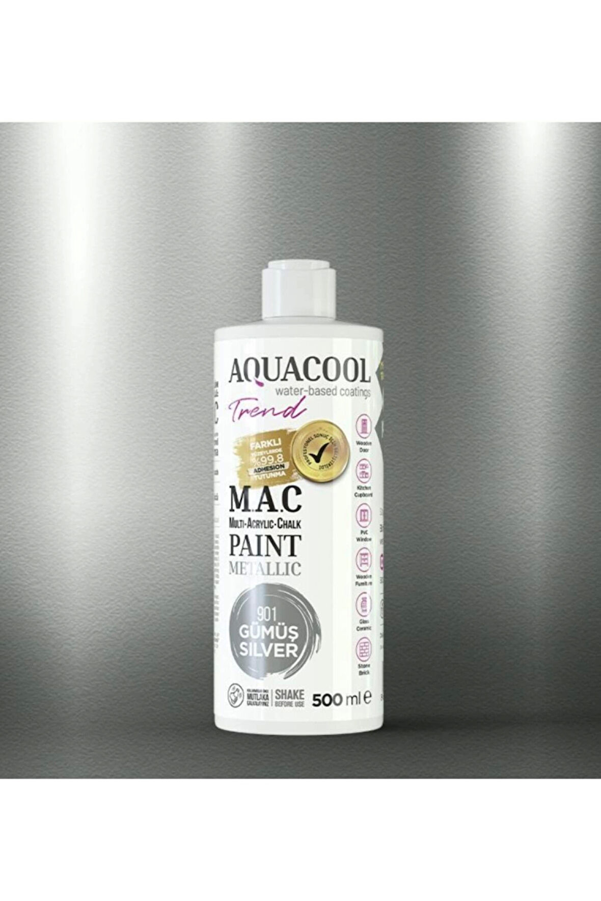 Aquacool Trend Su Bazlı Akrilik Dönüşüm Boyası Metalik Renk 901 Gümüş 500ml