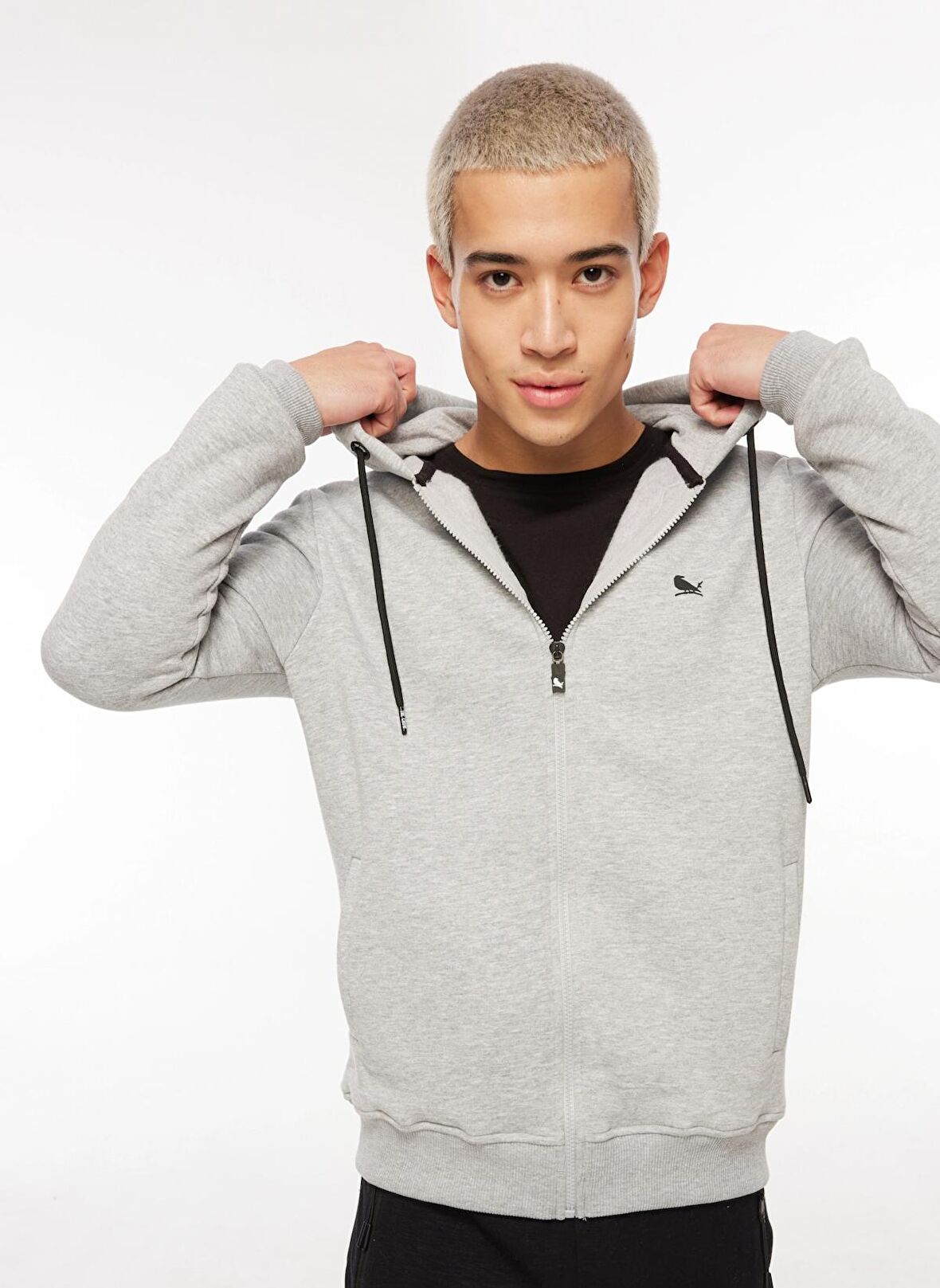The Crow Kapüşon Yaka Gri Melanj Erkek Sweatshırt TC3906KAPŞONLU TAM FERMUARLI