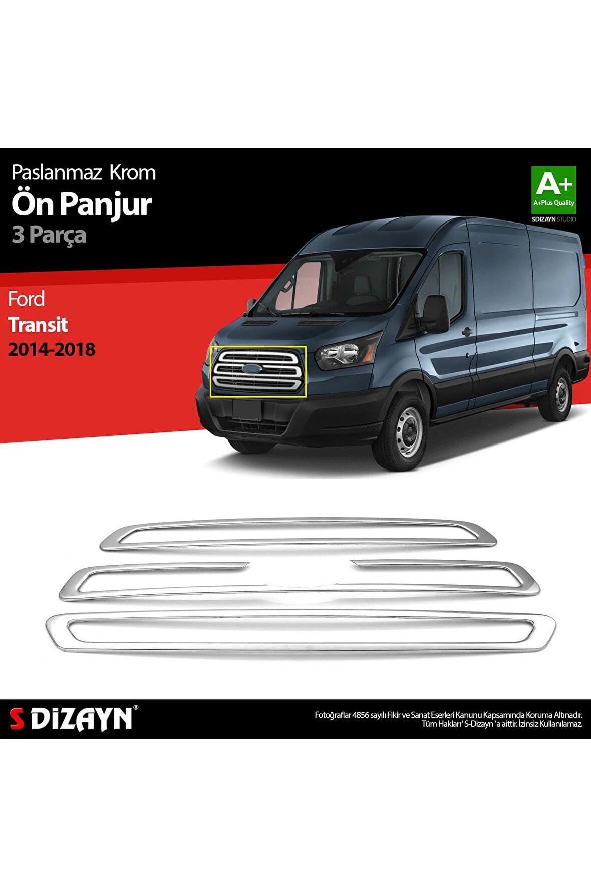 Ford Transit Krom Ön Panjur 3 Parça 2014 Üzeri