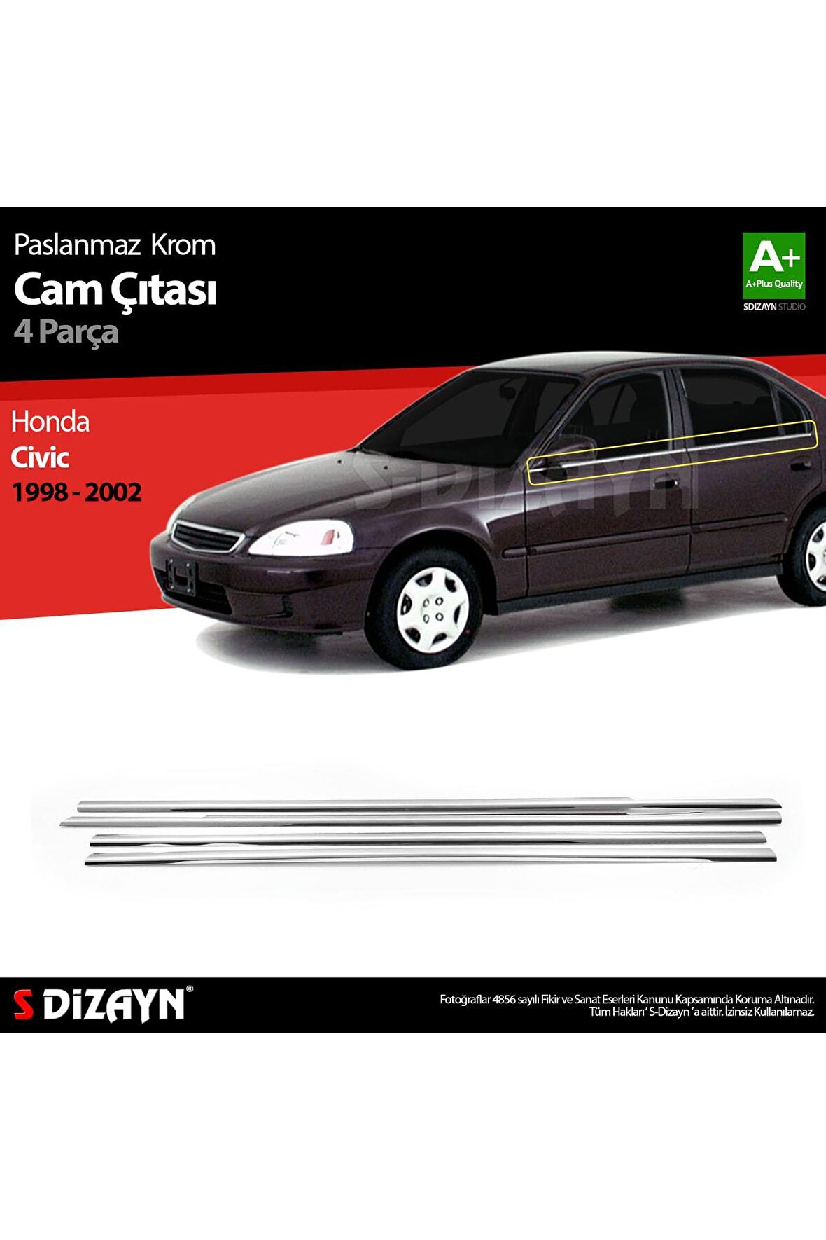 Honda Civic Krom Cam Çıtası 4 Prç 1998-2002