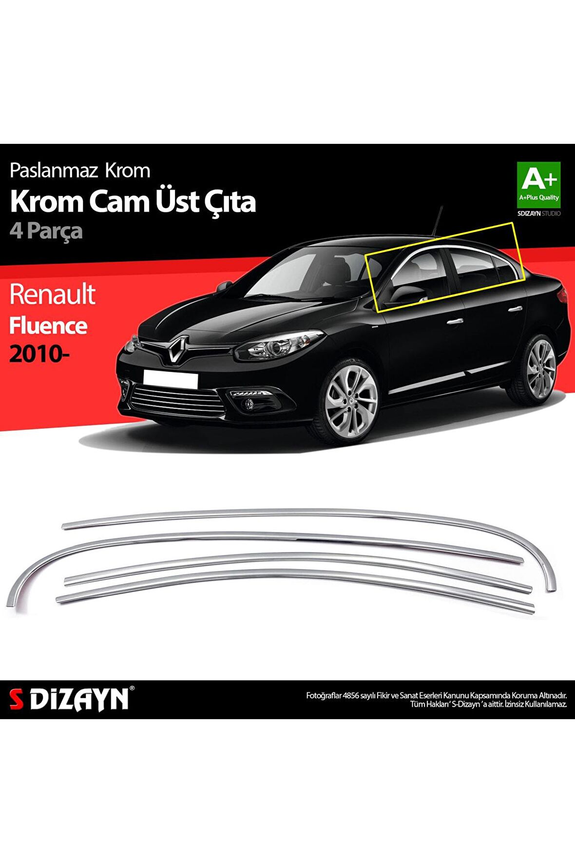Renault Fluence Krom Cam Üst Çıtası 4 Parça 2010 Üzeri