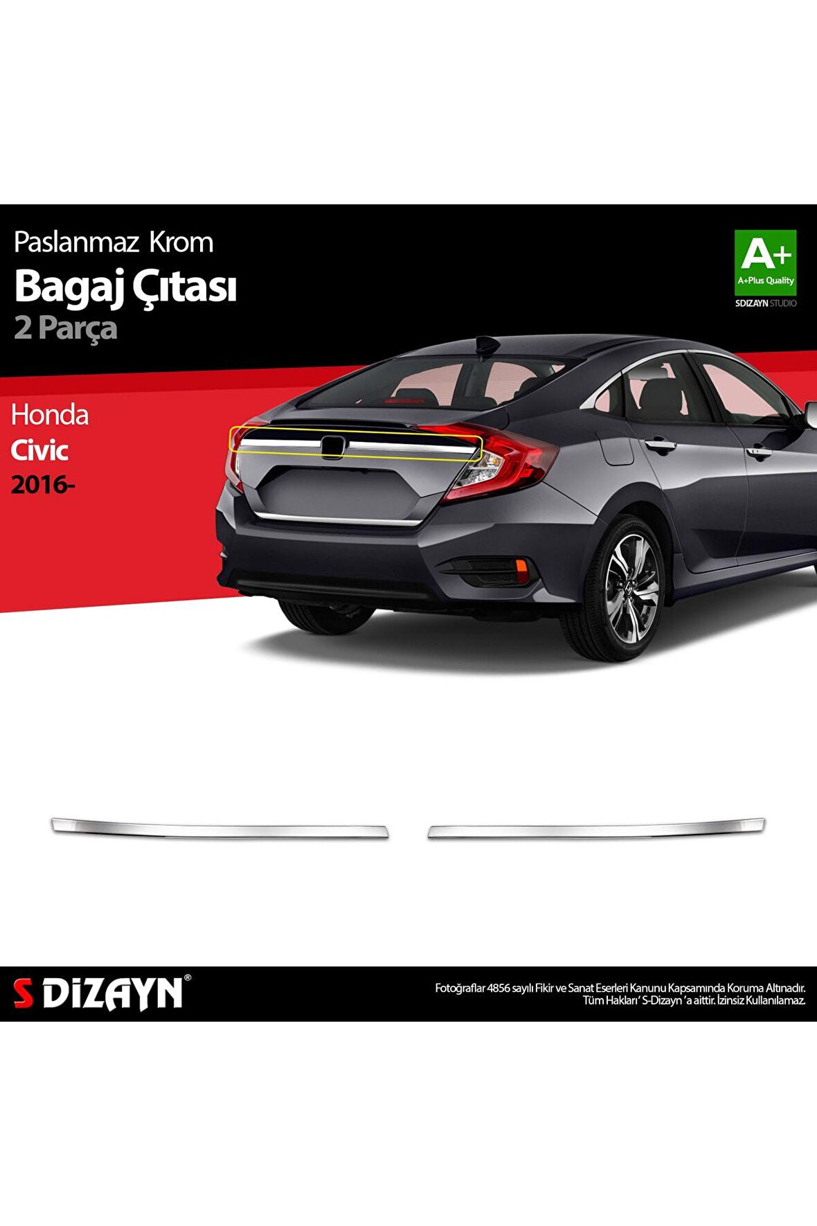 S-dizayn Honda Civic Krom Bagaj Çıtası 2 Prç 2016-2021