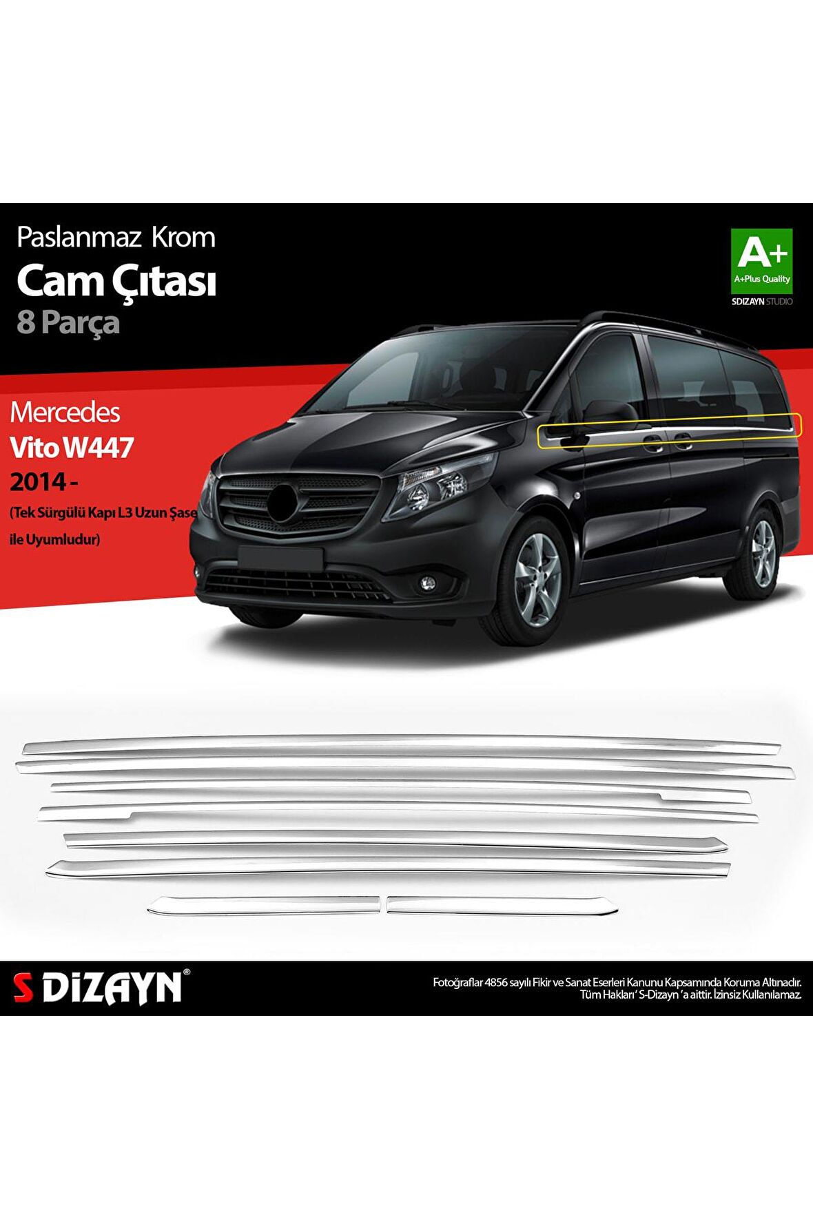 Mercedes Vito W447 Krom Cam Alt Çıtaları 8 Prç (Tek Sürgülü Kapı-l3 Uzun Şasi) 2014 Üzeri