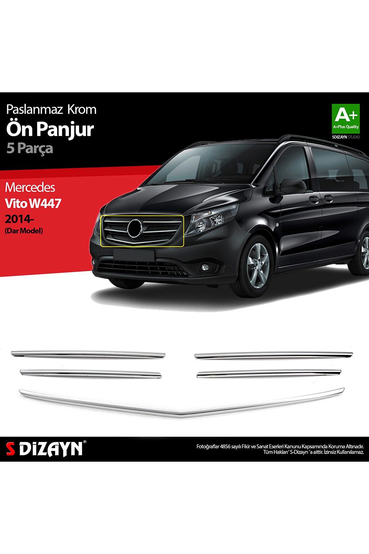 S-dizayn Mercedes Vito W447 Krom Ön Panjur Dar Model 5 Prç. 2014-2020 Uyumlu