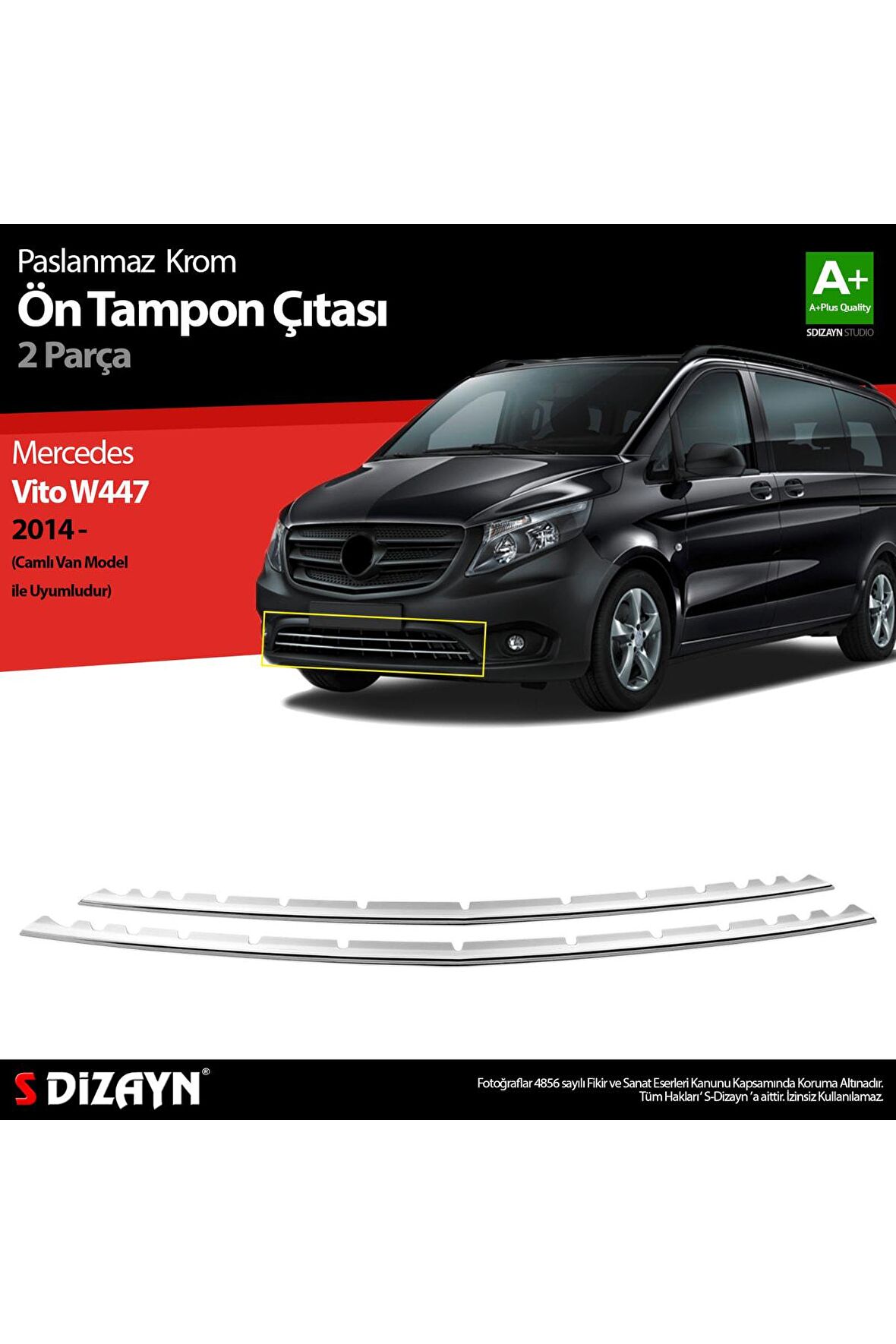 S-dizayn Mercedes Vito W447 Krom Ön Tampon Çıtası 2 Prç. 2014 Üzeri Camlı Van Uyumlu