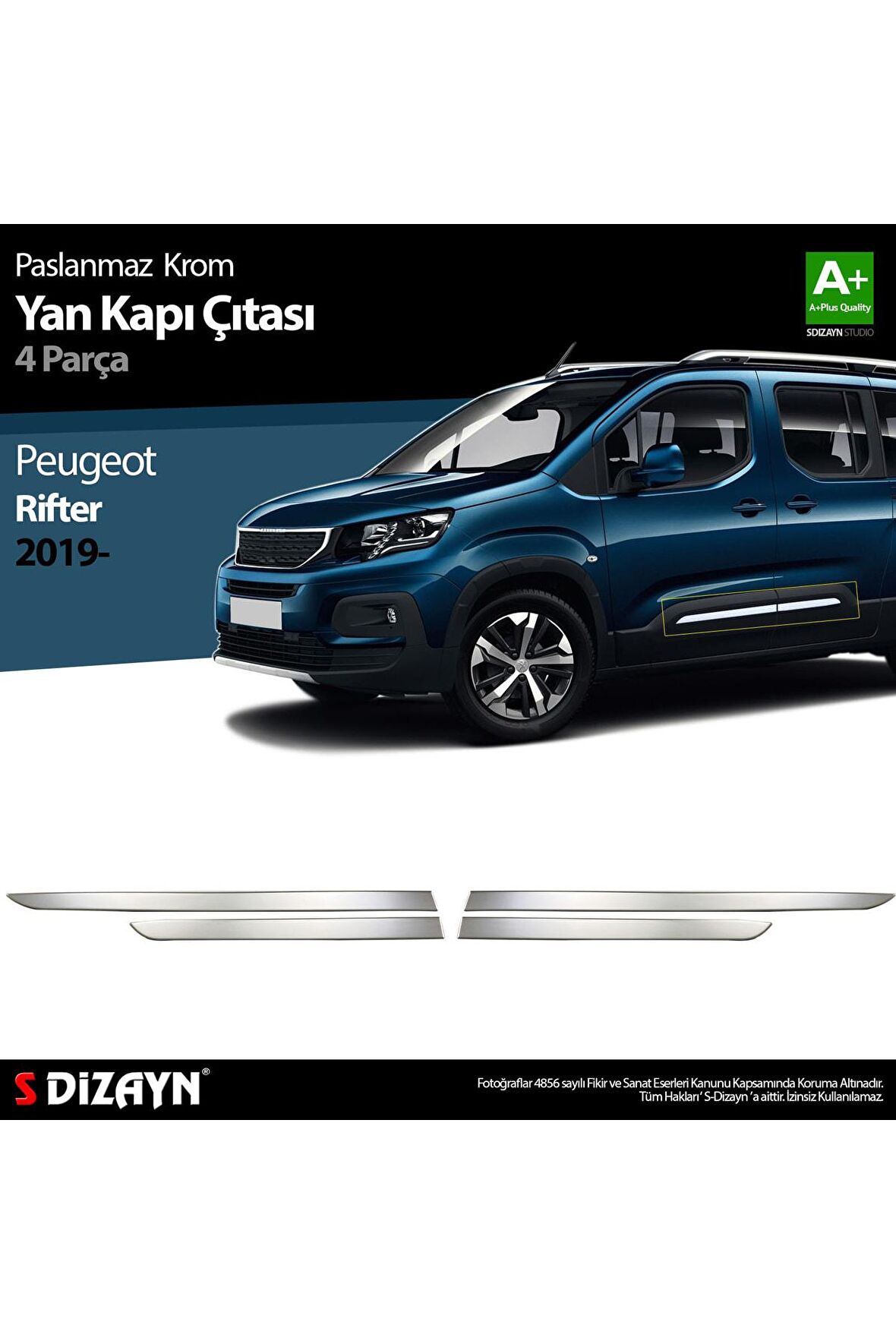 S-dizayn Peugeot Rifter Krom Yan Kapı Çıtası 4 Prç. 2019 Ve Üzeri
