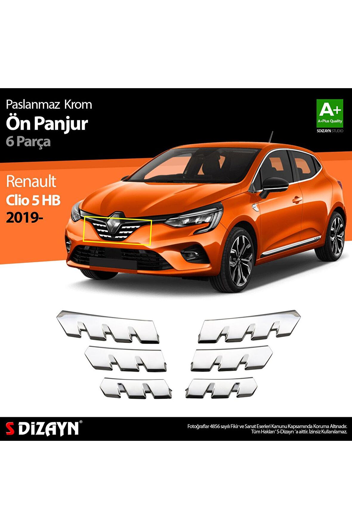 S-dizayn Renault Clio 5 Uyumlu Krom Ön Alt Panjur 6 Parça 2019 Ve Üzeri