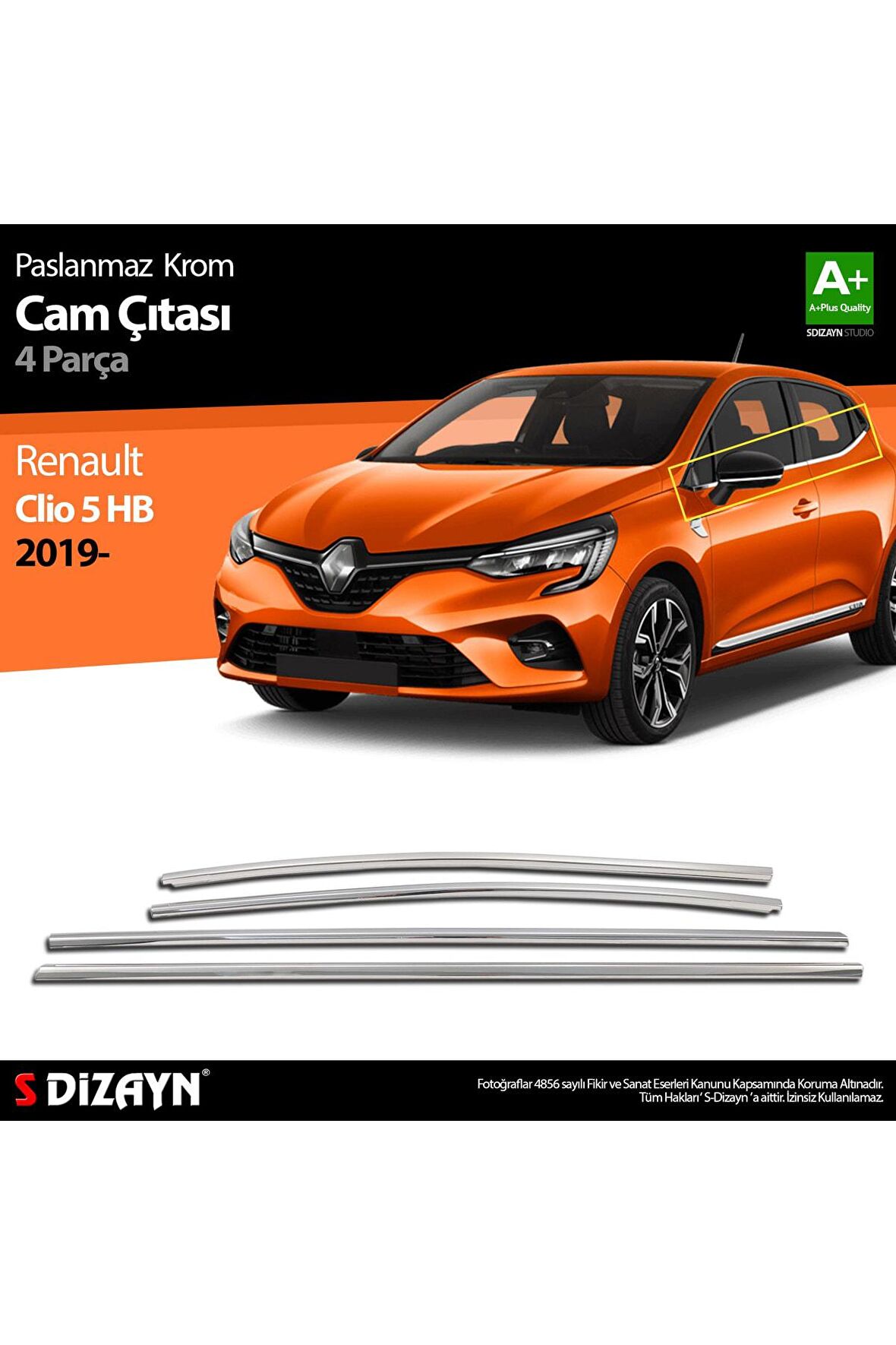 S-dizayn Renault Clio 5 Krom Cam Çıtası 4 Prç. 2019 Ve Üzeri A+kalite