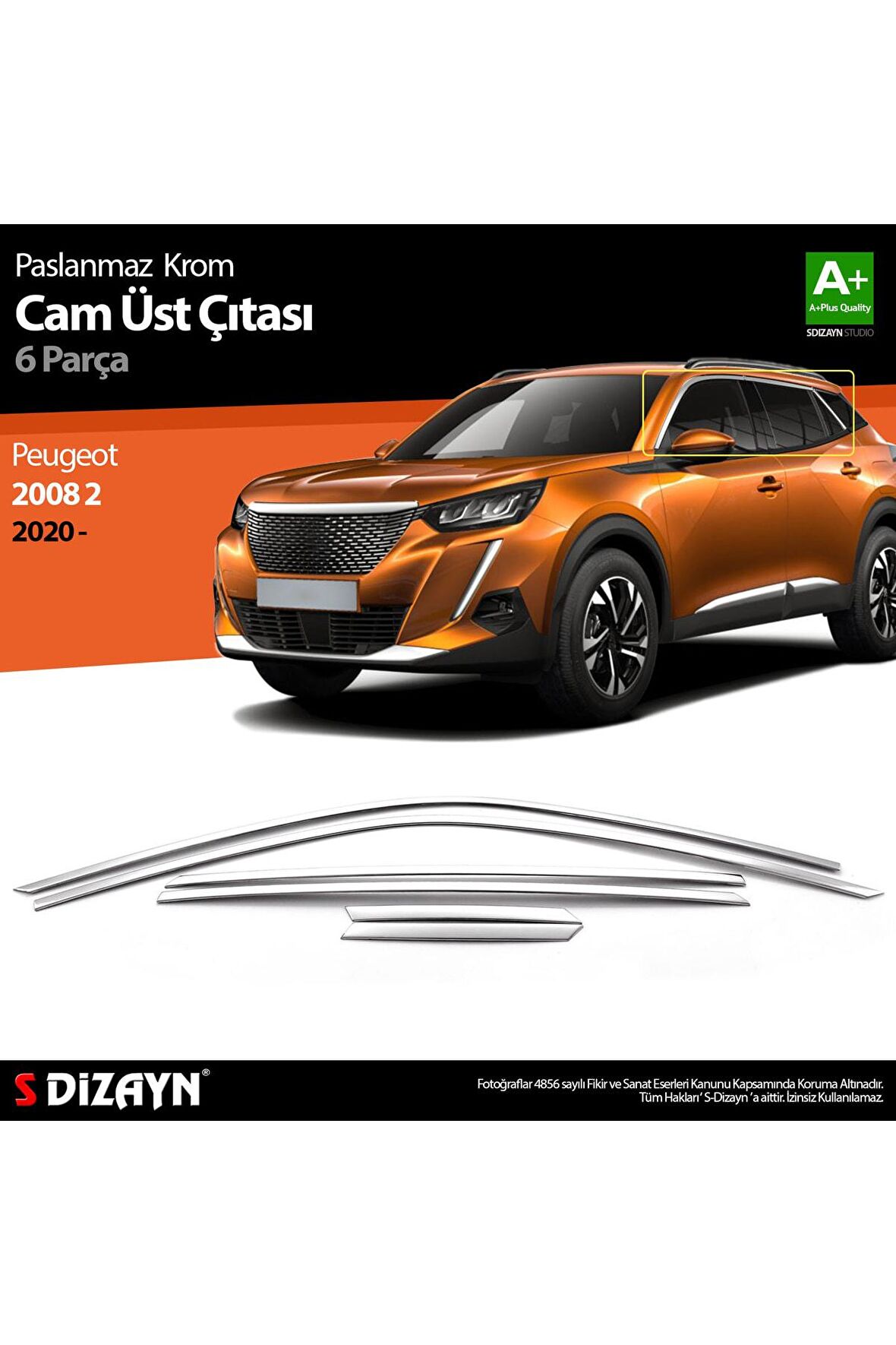 S-dizayn Peugeot 2008 2 Krom Cam Üst Çıtası 6 Prç 2020 Üzeri