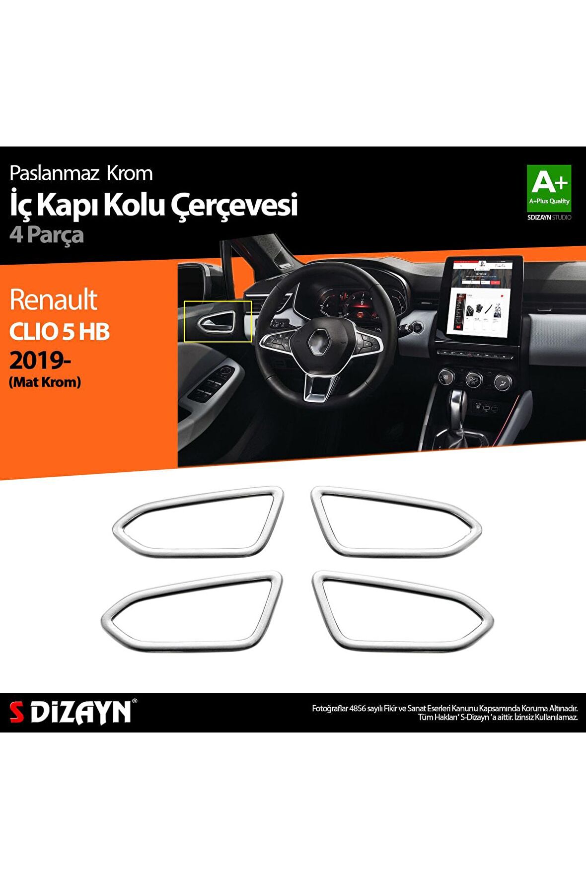 Renault Clio 5 Uyumlu Krom Iç Kapı Kolu Çerçevesi 4 Prç. 2019 Ve Üzeri (mat Krom)
