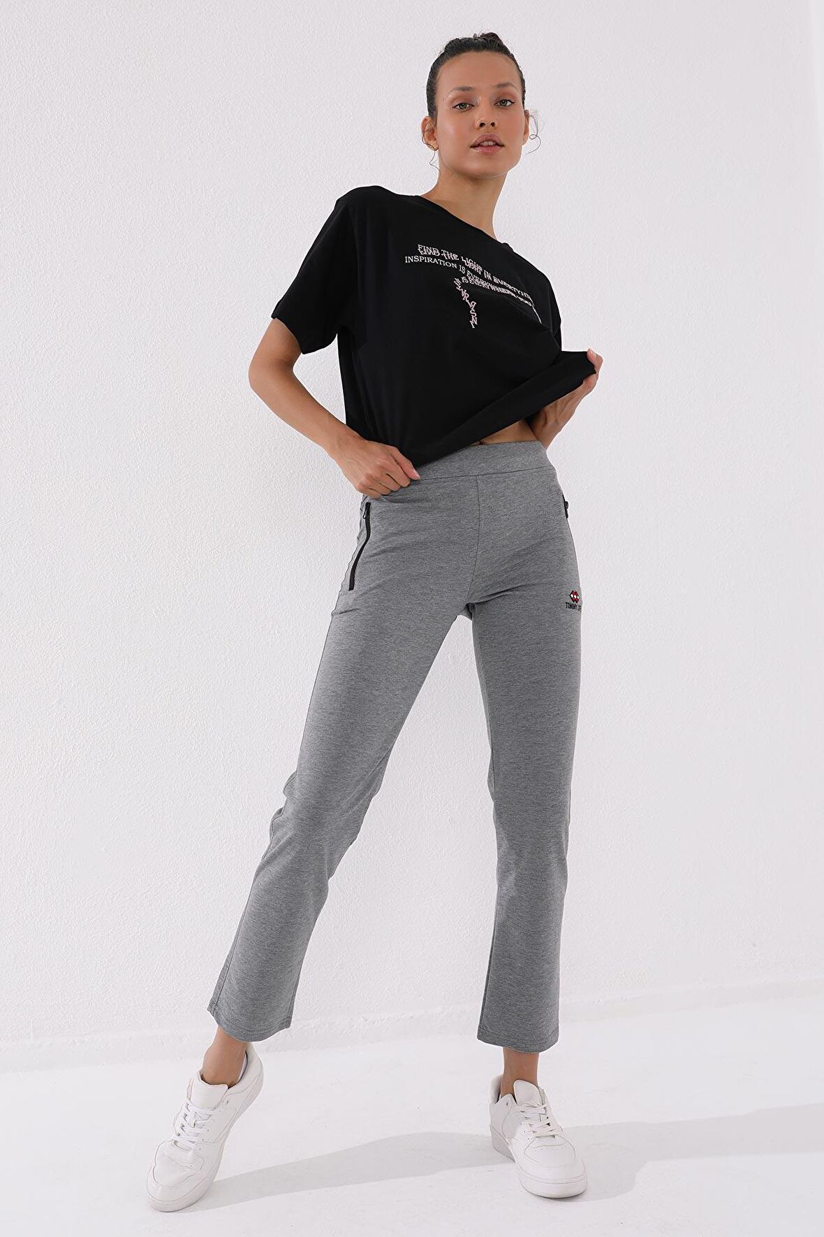 Gri Melanj Fermuar Cepli Rahat Form Klasik Paça Kadın Eşofman Alt - 94195 | L