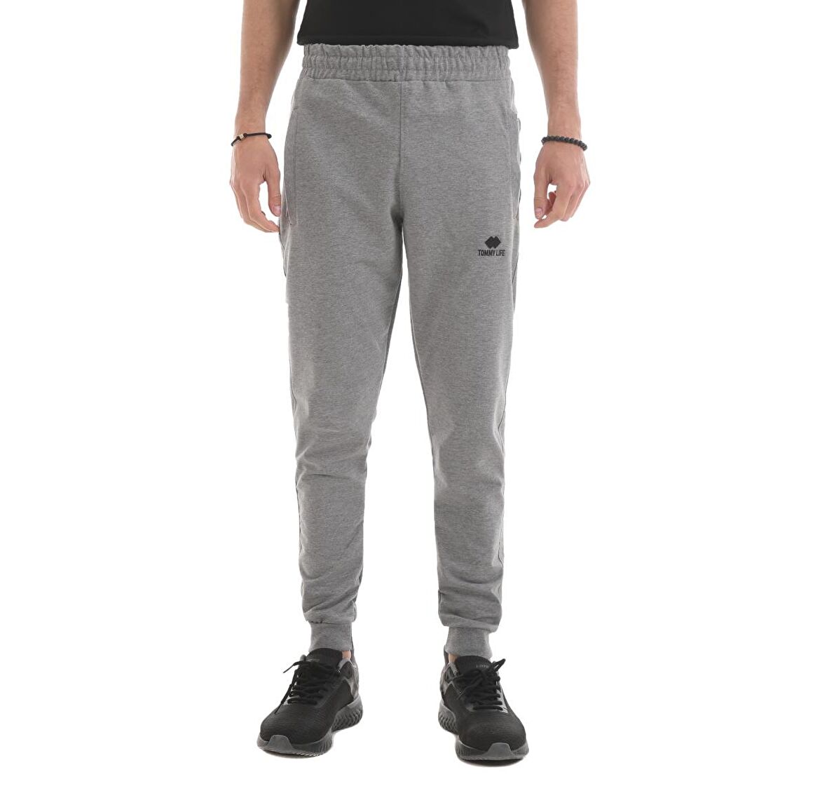 Gri Melanj Fermuar Cepli Dar Kalıp  Jogger Erkek Eşofman Alt - 84343 | XL