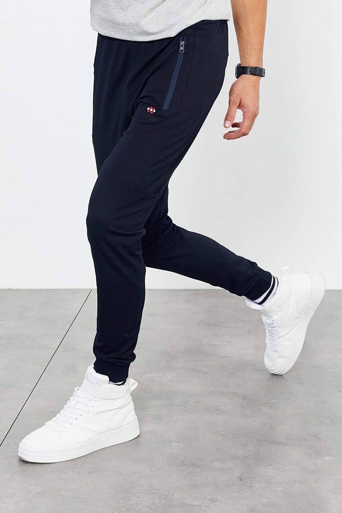 Lacivert Erkek Air Baskılı Fermuar Cepli Standart Kalıp Jogger Eşofman Alt - 84587 | XL