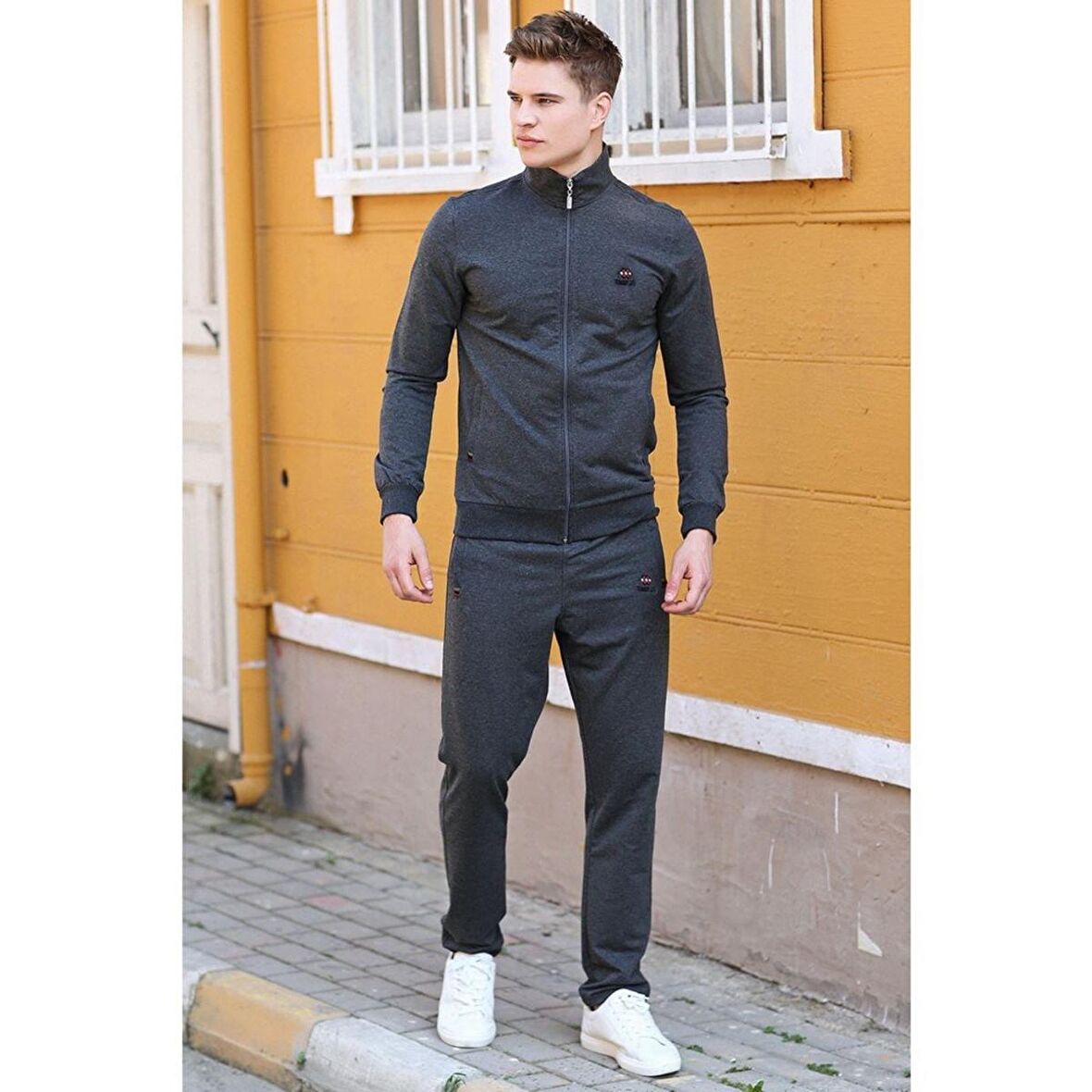 Antrasit Melanj Dik Yaka Fermuarlı Rahat Form Klasik Paça Erkek Eşofman Takımı - 85072 | XL