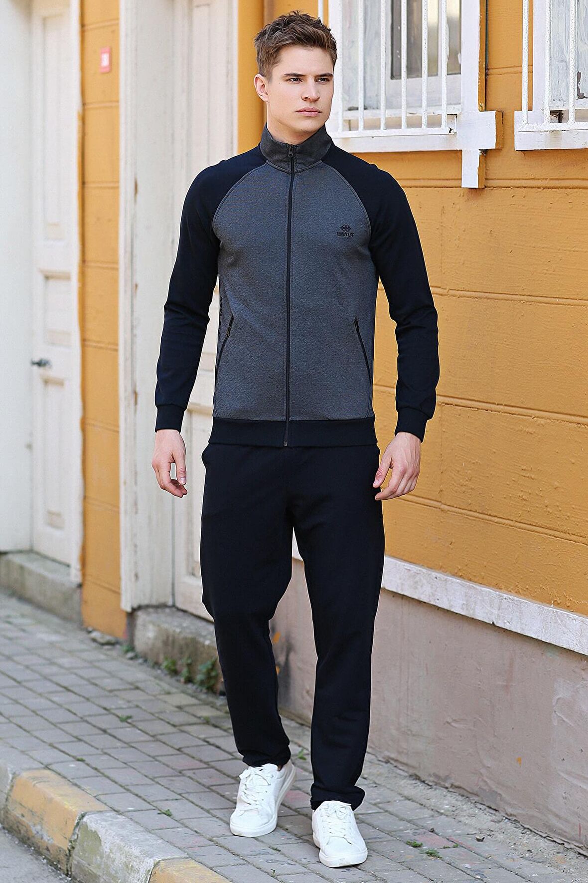 Lacivert  Dik Yaka Çift Renk Rahat Form Klasik Paça Erkek Eşofman Takımı - 85113 | XL