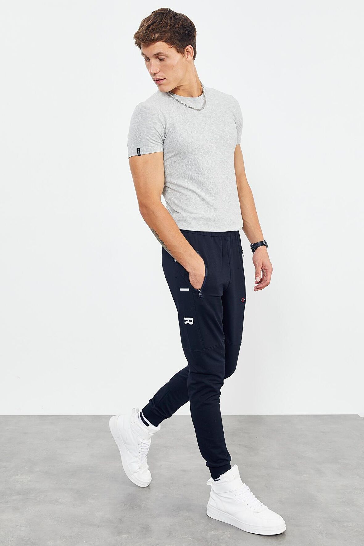 Lacivert Air Baskılı Fermuar Cepli Standart Kalıp Jogger Erkek Eşofman Alt - 84587 | M