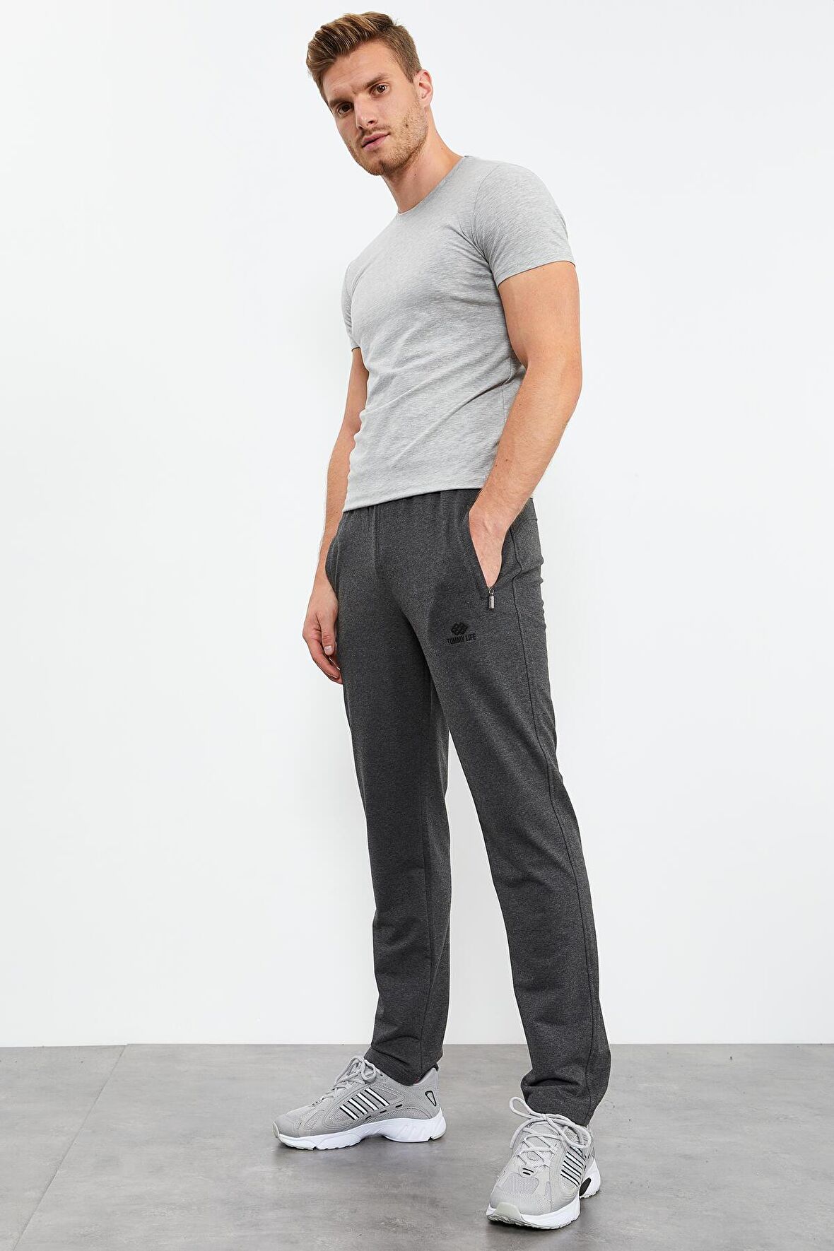 Antrasit Melanj Fermuar Cepli Dar Kalıp Klasik Paça Erkek Eşofman Alt - 84669 | L