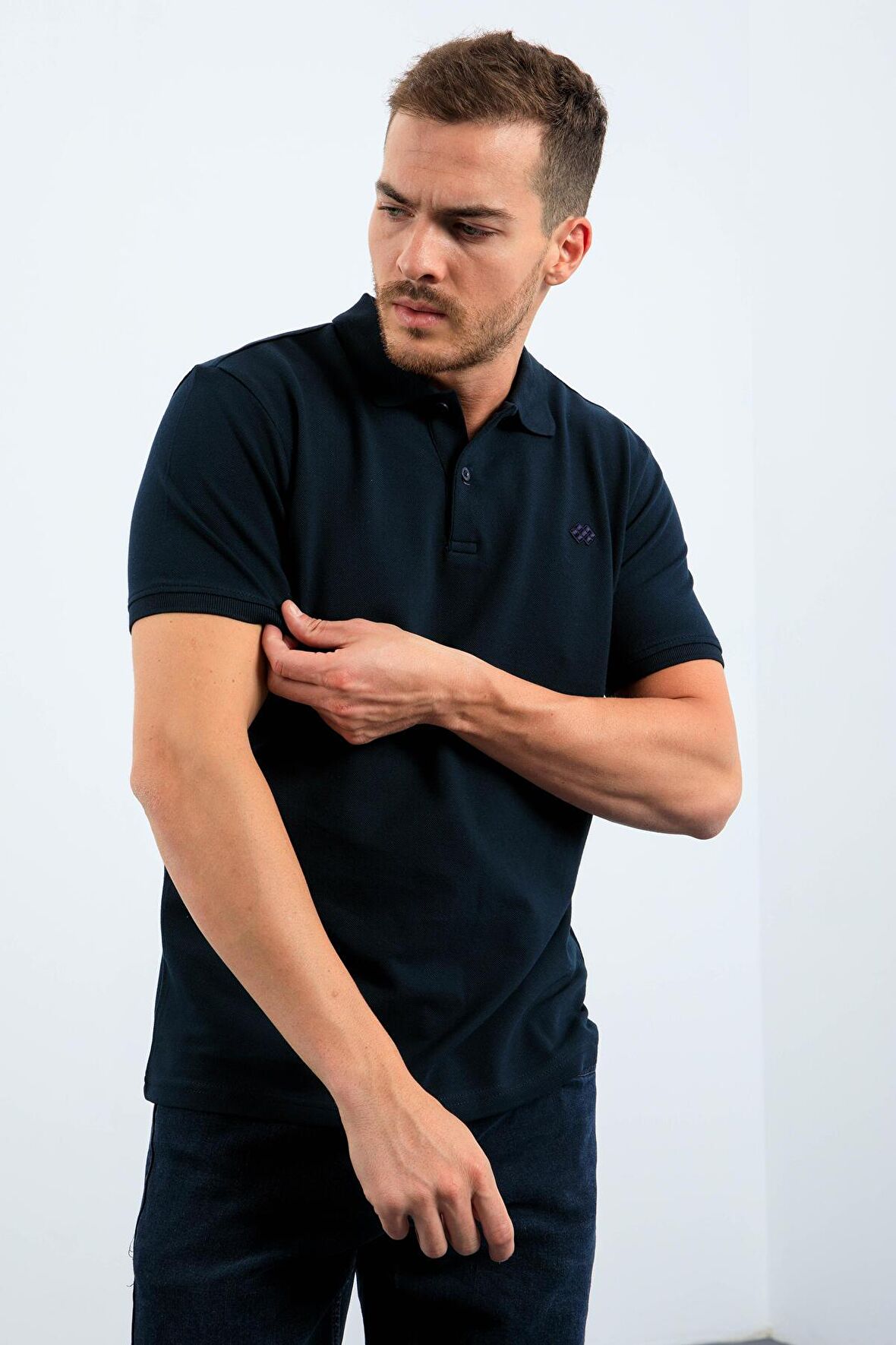 Lacivert Basic Logolu Standart Kalıp Triko Polo Yaka Erkek T-Shirt - 87748 | L