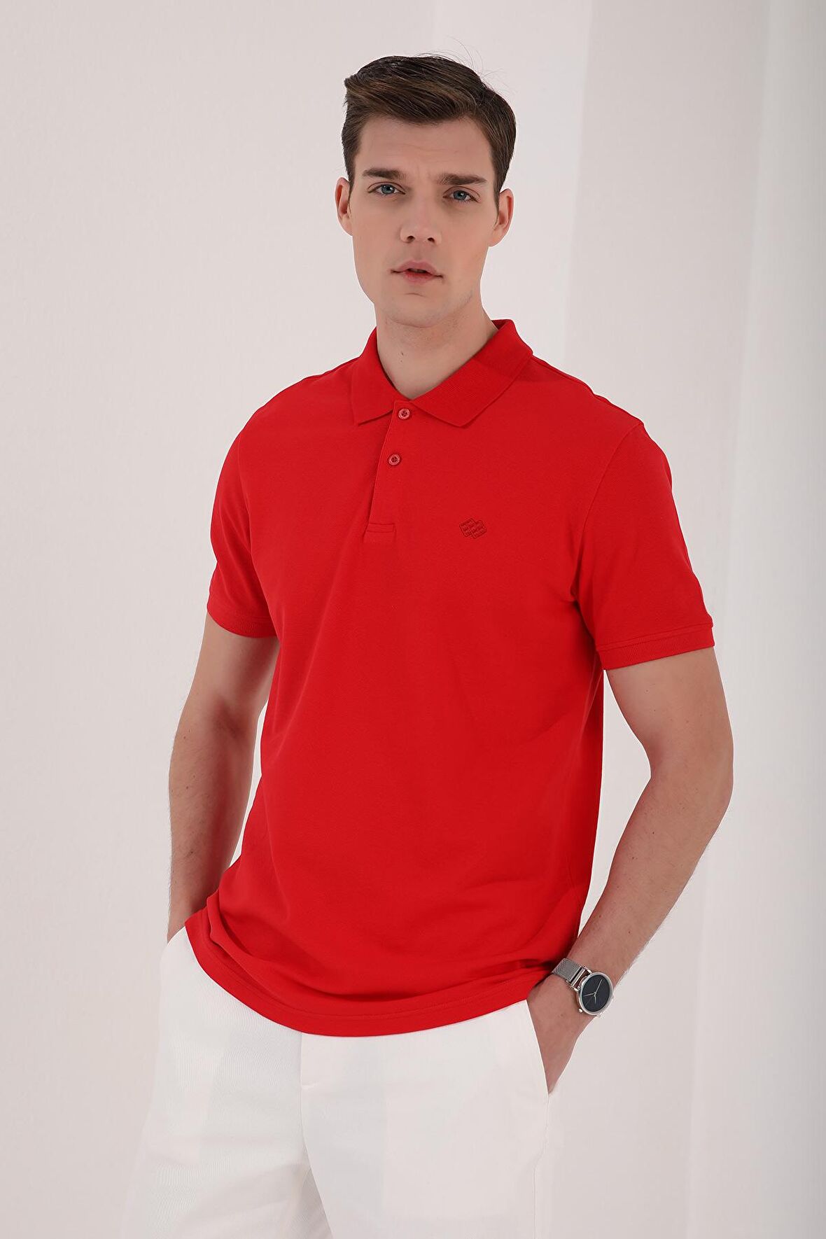 Kırmızı Basic Logolu Standart Kalıp Triko Polo Yaka Erkek T-Shirt - 87748 | XXL