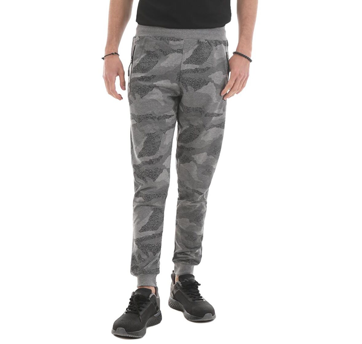 Gri Melanj Kamuflaj Desenli Dar Kalıp  Jogger Erkek Eşofman Alt - 84754 | S