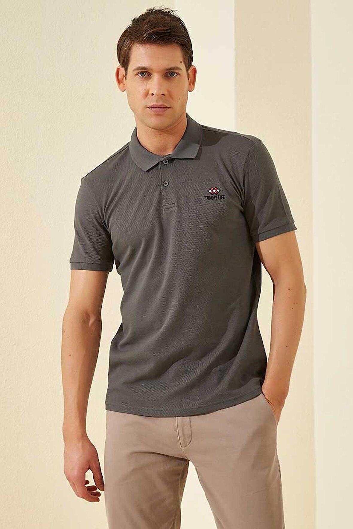 Koyu Gri Basic Logolu Standart Kalıp Triko Polo Yaka Erkek T-Shirt - 87748 | S