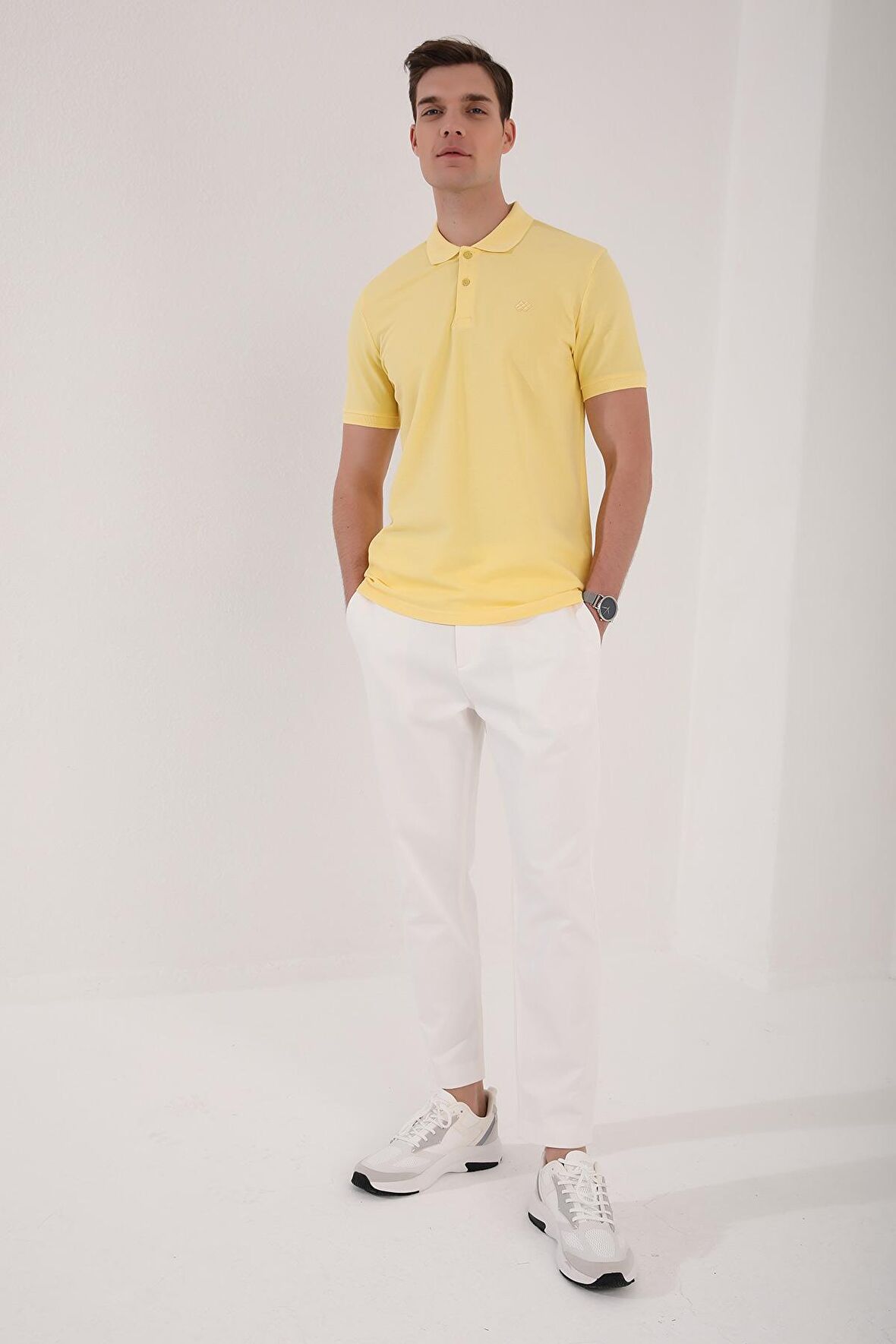 Sarı Basic Logolu Standart Kalıp Triko Polo Yaka Erkek T-Shirt - 87748 | S