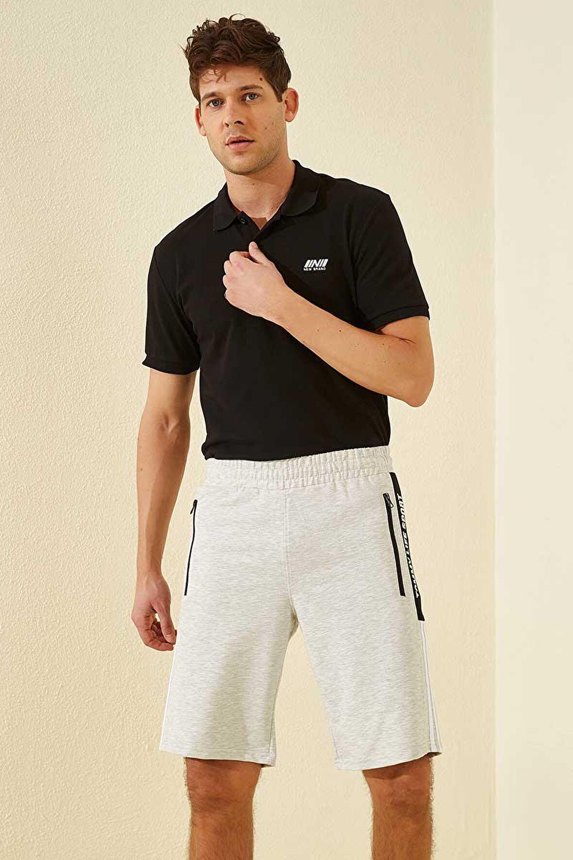Kar Melanj Yan Şerit Yazı Baskılı Standart Kalıp Erkek Şort - 81145 | XL