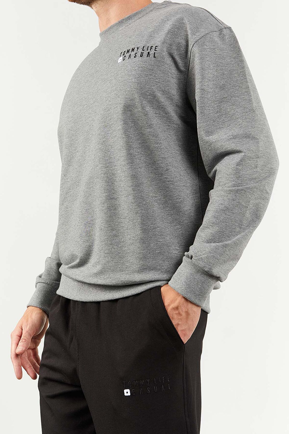 Gri Melanj - Siyah Casual O Yaka Lastik Paça Erkek Oversize Eşofman Takımı - 85120 | XL