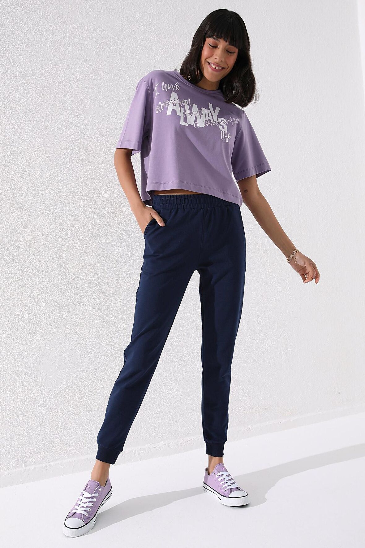 İndigo Yüksek Bel Jogger Rahat Form Manşetli Kadın Eşofman Alt - 94561 | XL