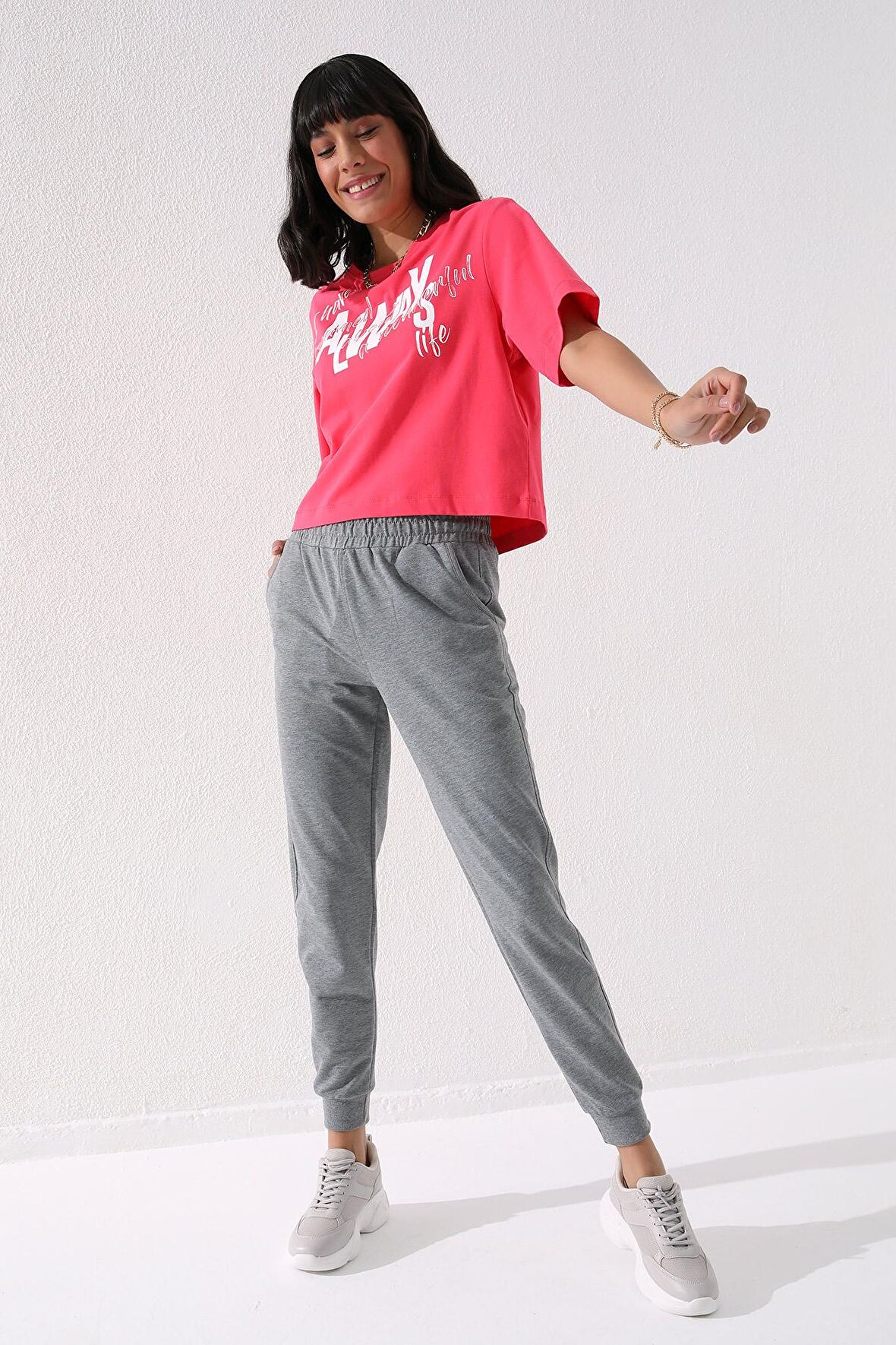 Gri Melanj Yüksek Bel Jogger Rahat Form Manşetli Kadın Eşofman Alt - 94561 | XL
