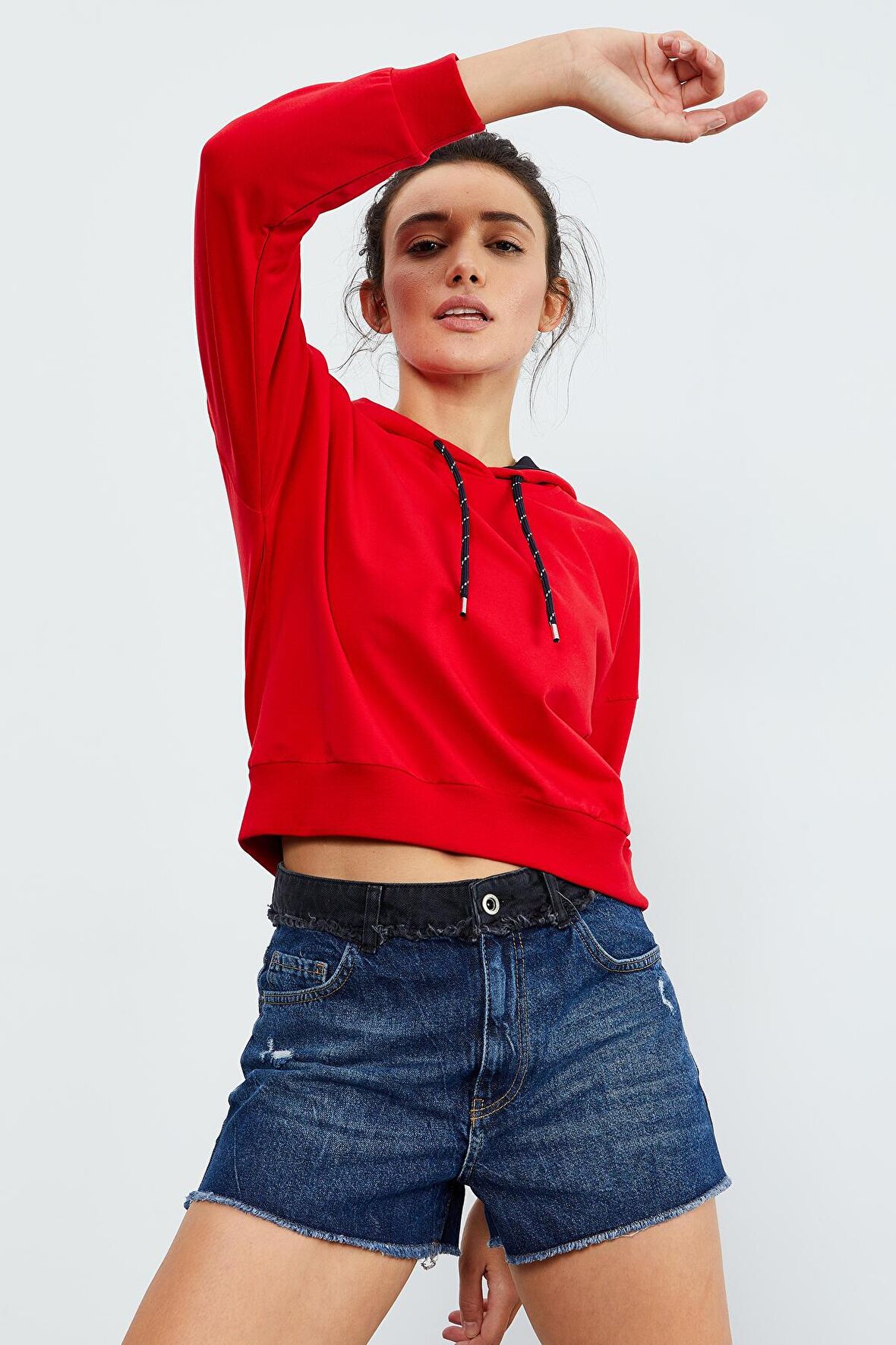 Kırmızı Uzun Kol Rahat Form Kapüşonlu Kadın Sweatshirt - 97115 | XXL