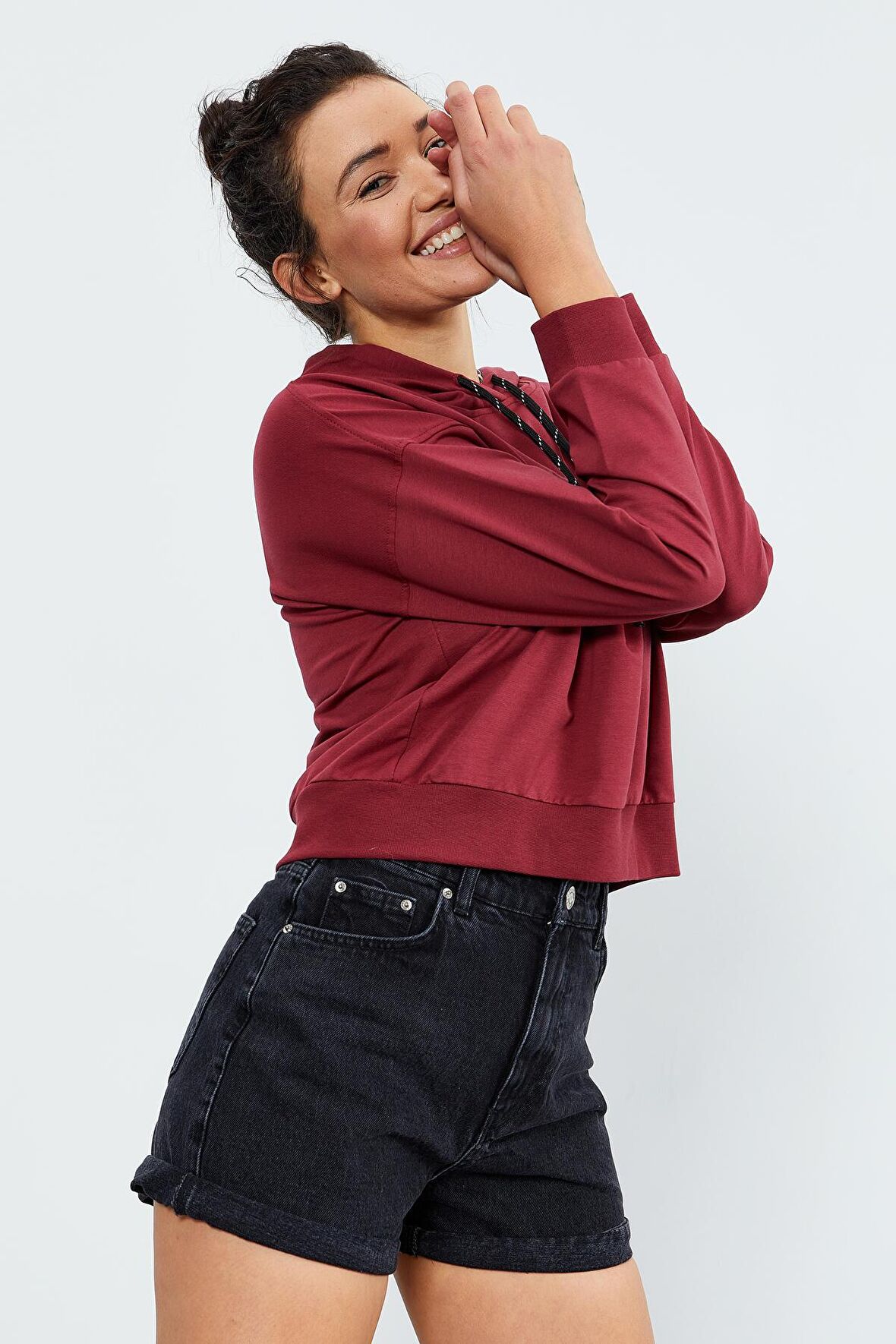 Bordo Uzun Kol Rahat Form Kapüşonlu Kadın Sweatshirt - 97115 | XXL