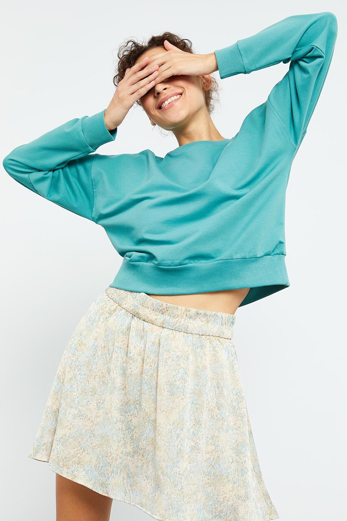 Mint Yeşili Basic Rahat Form O Yaka Kadın Sweatshirt - 97114 | XL