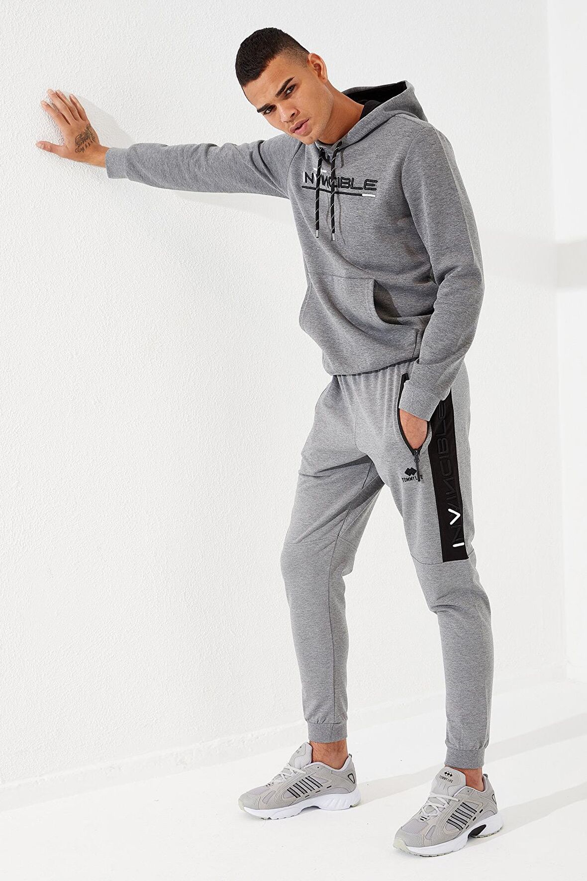 Gri Melanj Erkek Nakış Detaylı Dar Kalıp Jogger Eşofman Alt - 84792 | XL