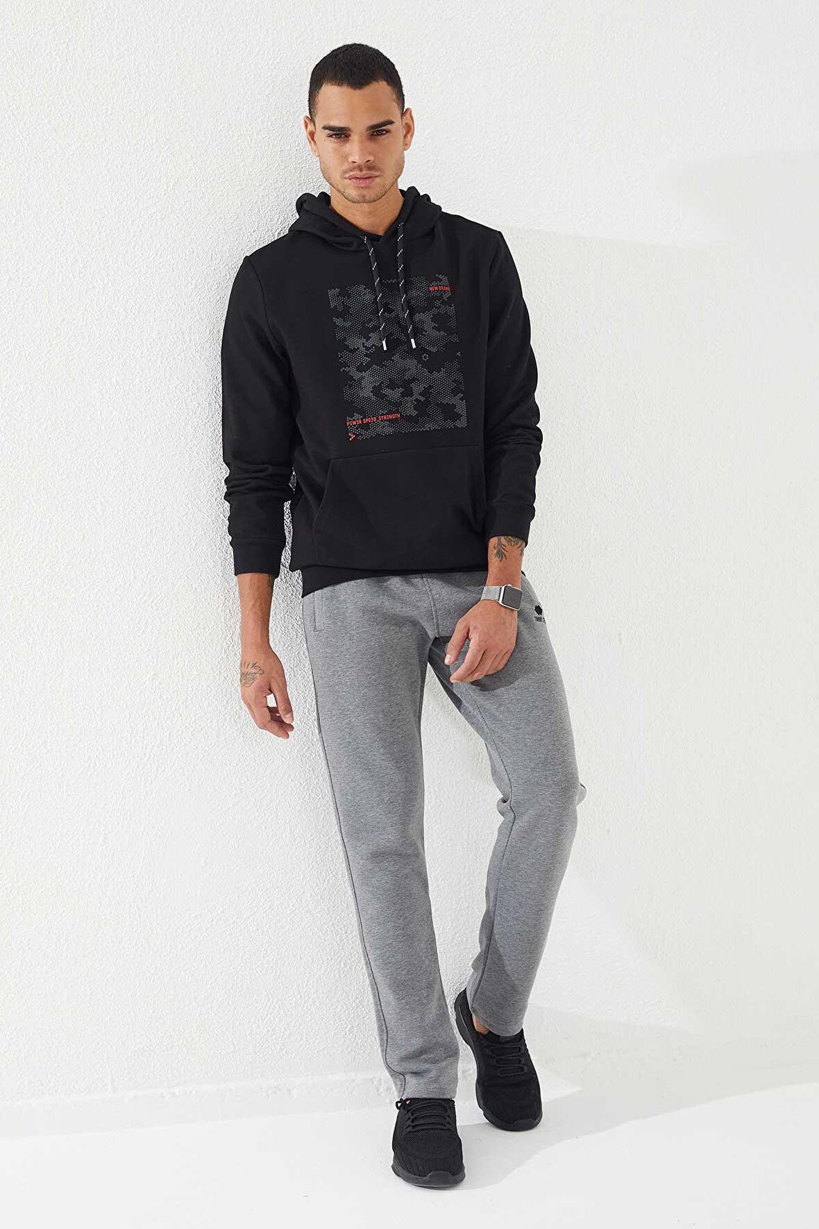 Siyah Kamuflaj Desen Baskılı Standart Kalıp Kapüşonlu Erkek Sweatshirt - 87884 | S
